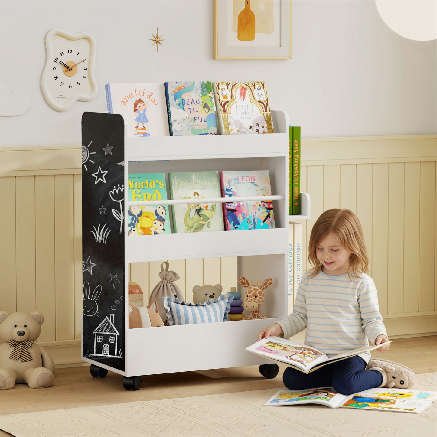 Kids Bookshelf, Kids Bookcase with Wheels & Blackboard, for Nursery, Kids Room, Playroom, for 3-8 Years