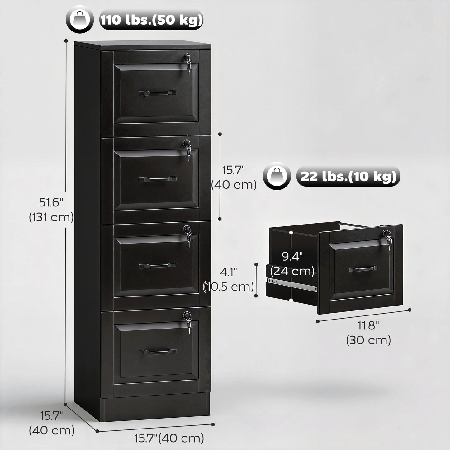 4-Drawer Vertical Filing Cabinet with Lock - Black