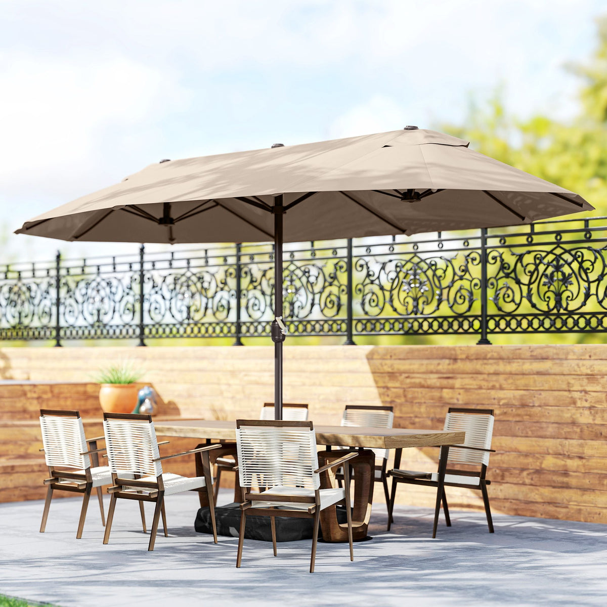 15' Outdoor Patio Umbrella with Twin Canopy Sunshade Steel Table Umbrella w/ Lift Crank, Cross base, Sandbag, Brown