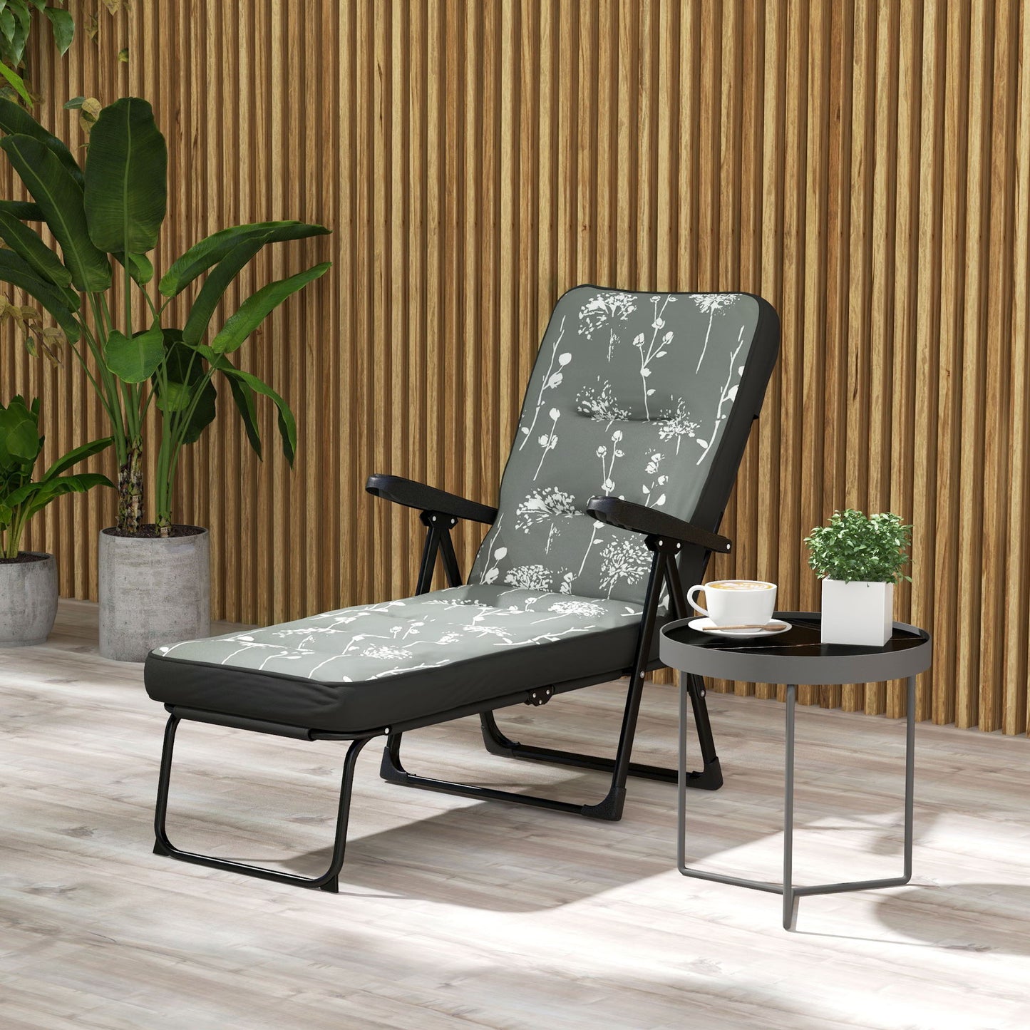Outdoor Lounge Chair with Padded Cushion, Folding Reclining Patio Garden Chair with Recline Back, Footrest, for Poolside, Patio, Grey