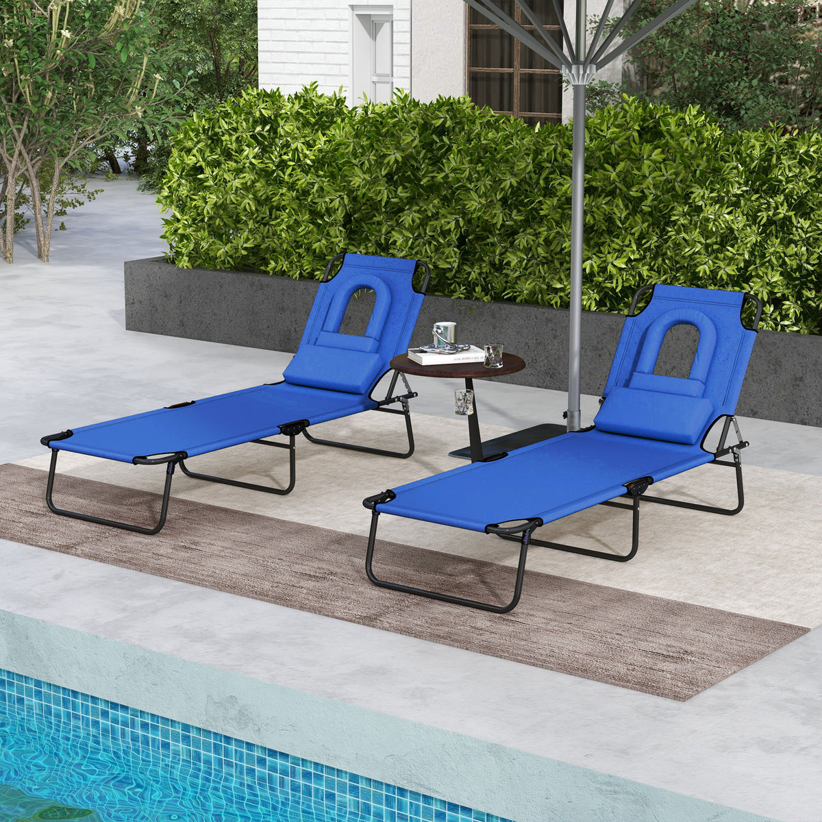 Folding Lounge Chair Set of 2, Reclining Beach Tanning Chair with Face Hole, Pillow, 4-Position Adjustable Flat Sun Lounger, Steel Frame for Outdoor Patio Pool, Blue