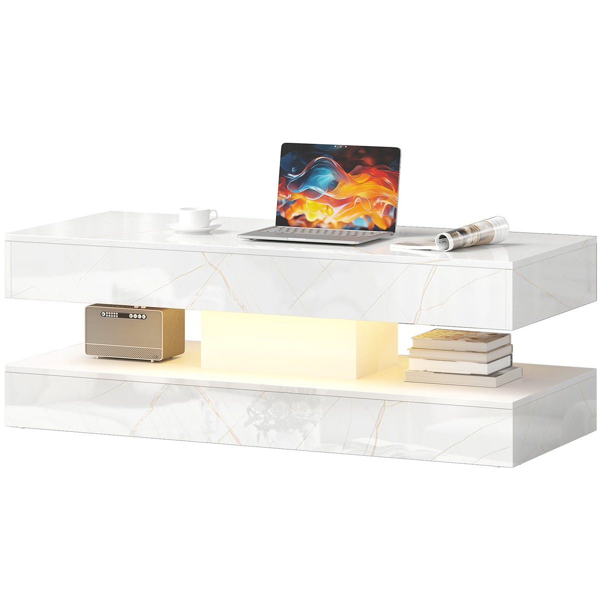 LED Coffee Table with 2 Drawers and Shelf - Marble-Effect White