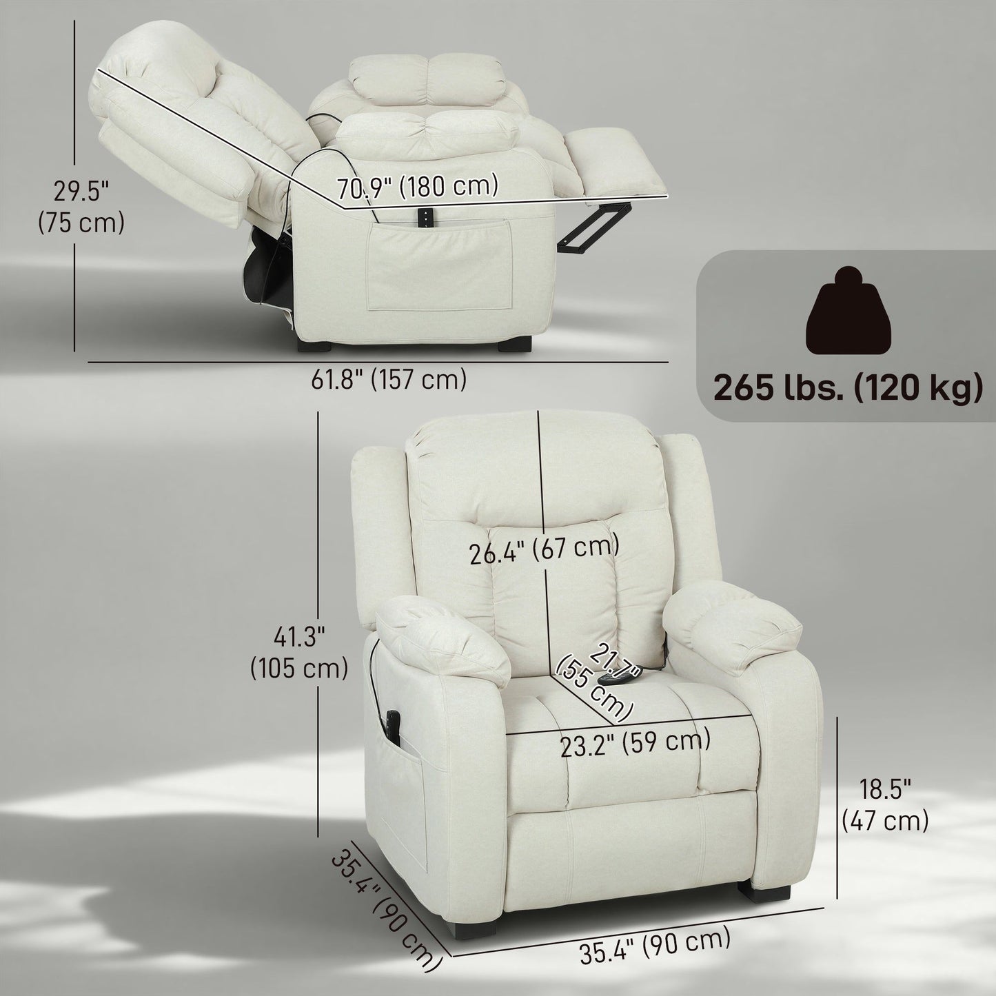 Power Massage Recliner with 2 Memory Positions - Cream White