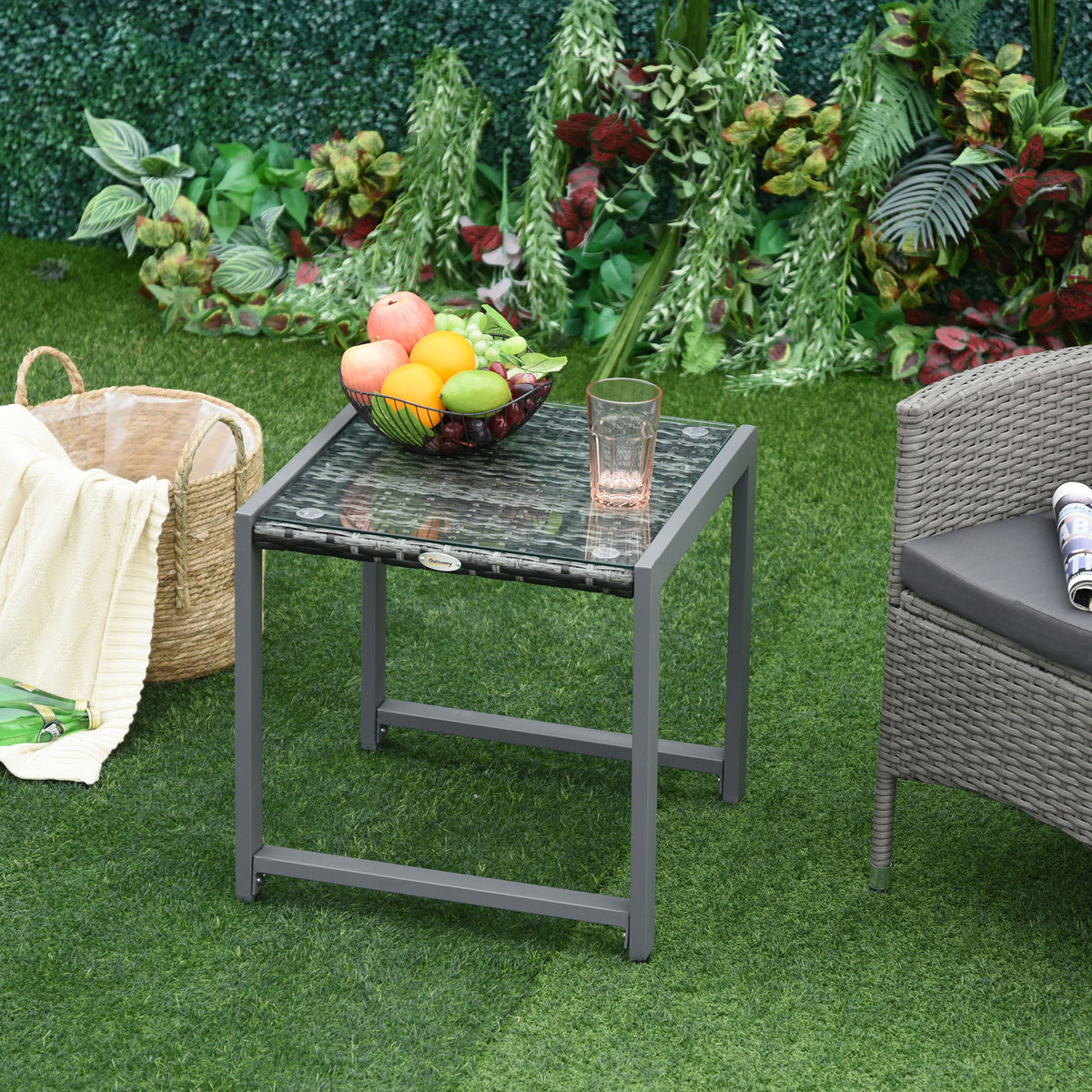 Rattan Coffee Table, Wicker Patio Side Table with Tempered Glass Top and Aluminum Frame for Outdoor, Garden, Gray