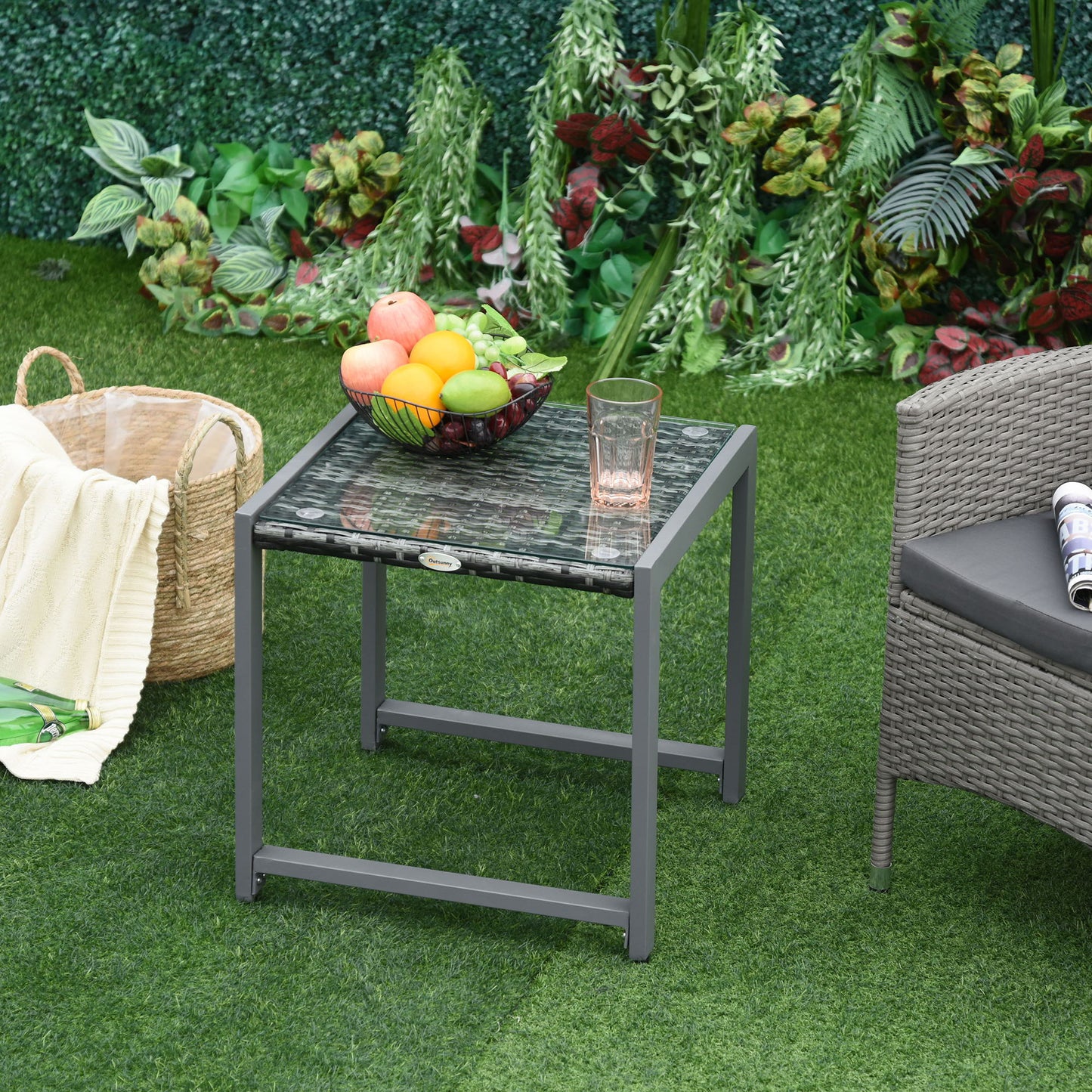 Rattan Coffee Table, Wicker Patio Side Table with Tempered Glass Top and Aluminum Frame for Outdoor, Garden, Gray