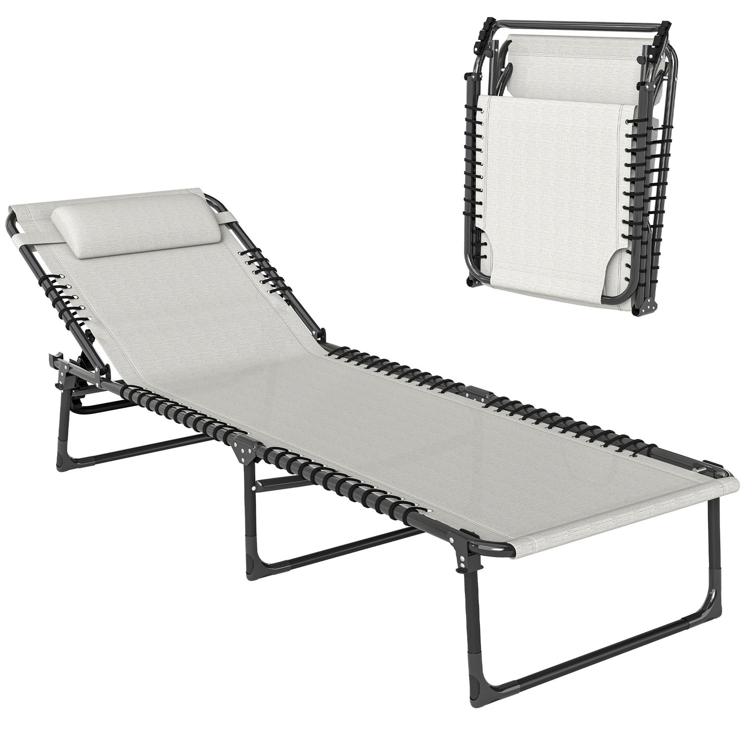 Outdoor Folding Lounge Chair, 4-Level Adjustable Chaise Lounge with Headrest, Tanning Chair Beach Bed, Reclining Lounger Cot for Camping, Hiking, Backyard, Cream