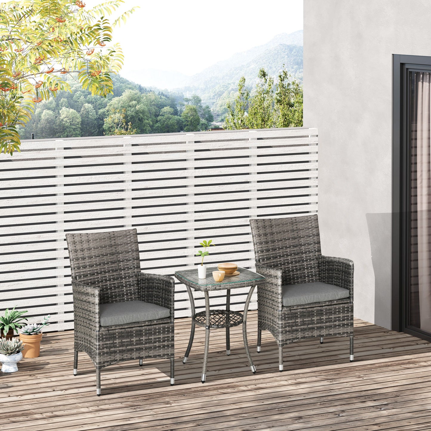 3 Pieces Wicker Patio Furniture Set, Rattan Bistro Set with Glass Top Coffee Table and Cushions, Outdoor Conversation Set for Garden, Porch, Balcony, Mixed Grey
