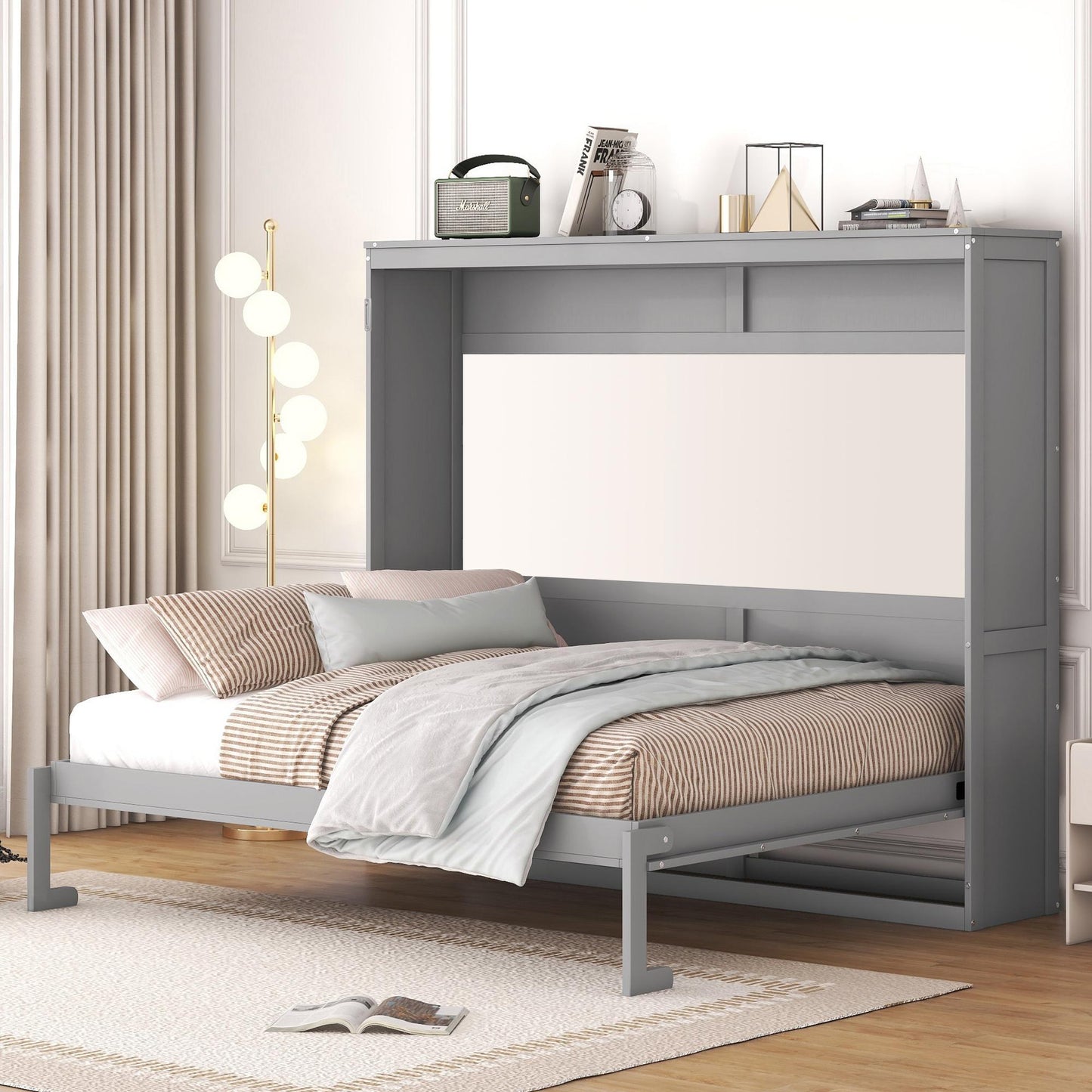 Queen Size Murphy Wall Bed with MDF & Plywood Construction, Fold-Away Cabinet Bed with Flexible Slat Support, 82'' L x 68'' W x 69'' H, Gray
