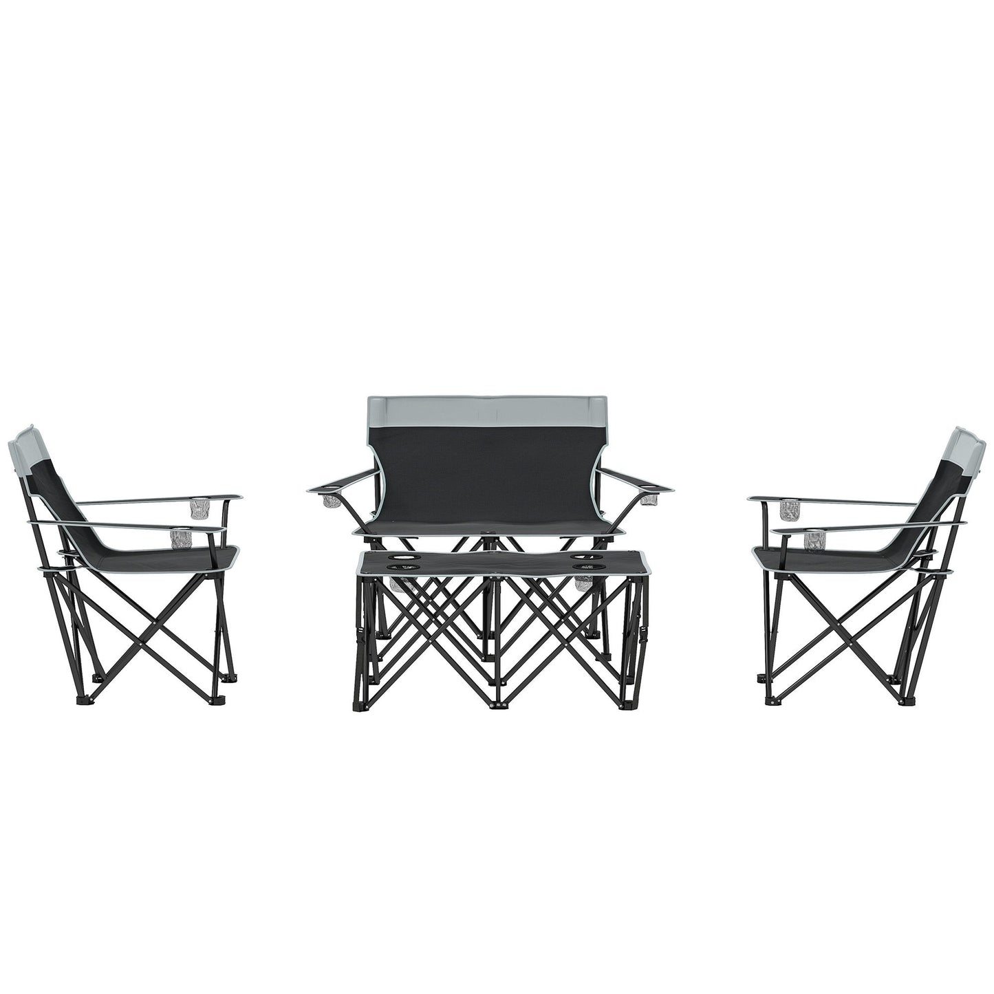4 Piece Folding Camping Table and Chairs, Outdoor Lawn Chair Set w/ Table, Cup Holders for Hiking, Picnic, Grey