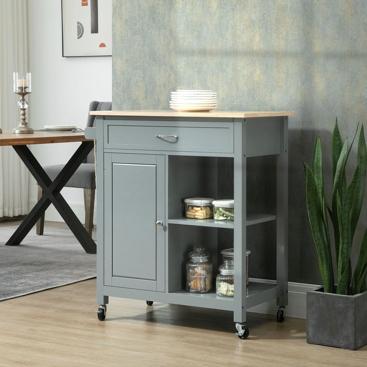 Rolling Kitchen Cart with Wood Top and Drawer - Grey