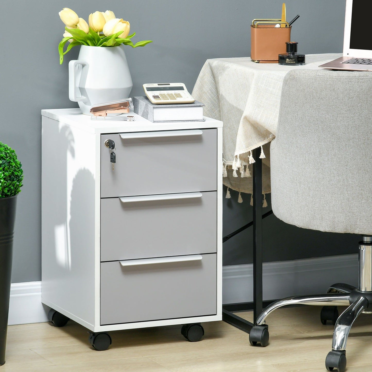 3-Drawer Vertical Filing Cabinet with Lock - Grey