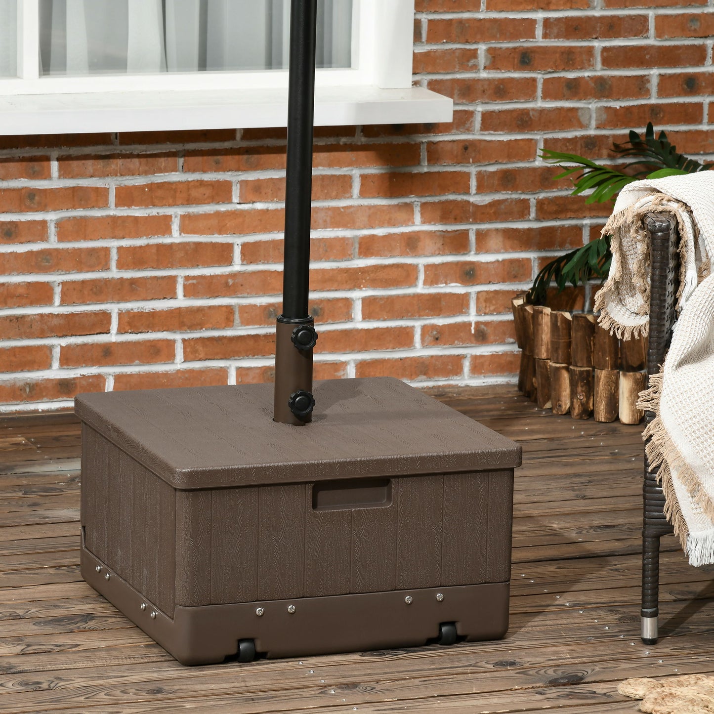 3-in-1 Outdoor Umbrella Base with Wheels, Side Table, Planter Box, 175lbs Heavy Duty Patio Umbrella Stand, Brown