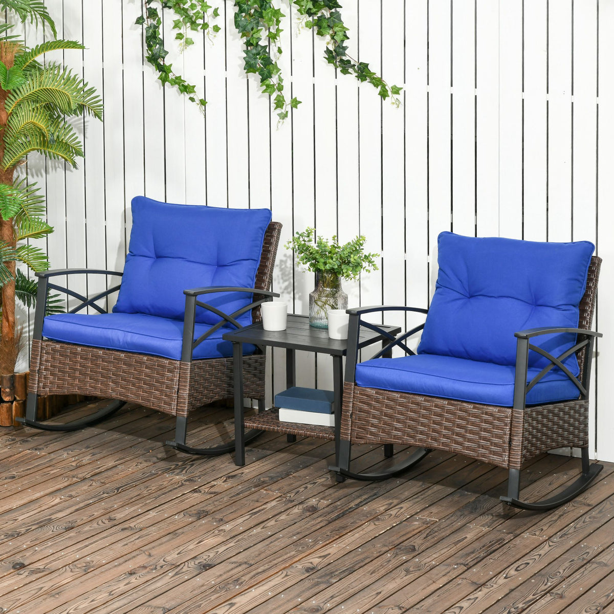 3 Pcs Outdoor PE Rattan Rocking Chair Set, Bistro Set with Two-tier Table, Padded Cushions for Garden, Dark Blue