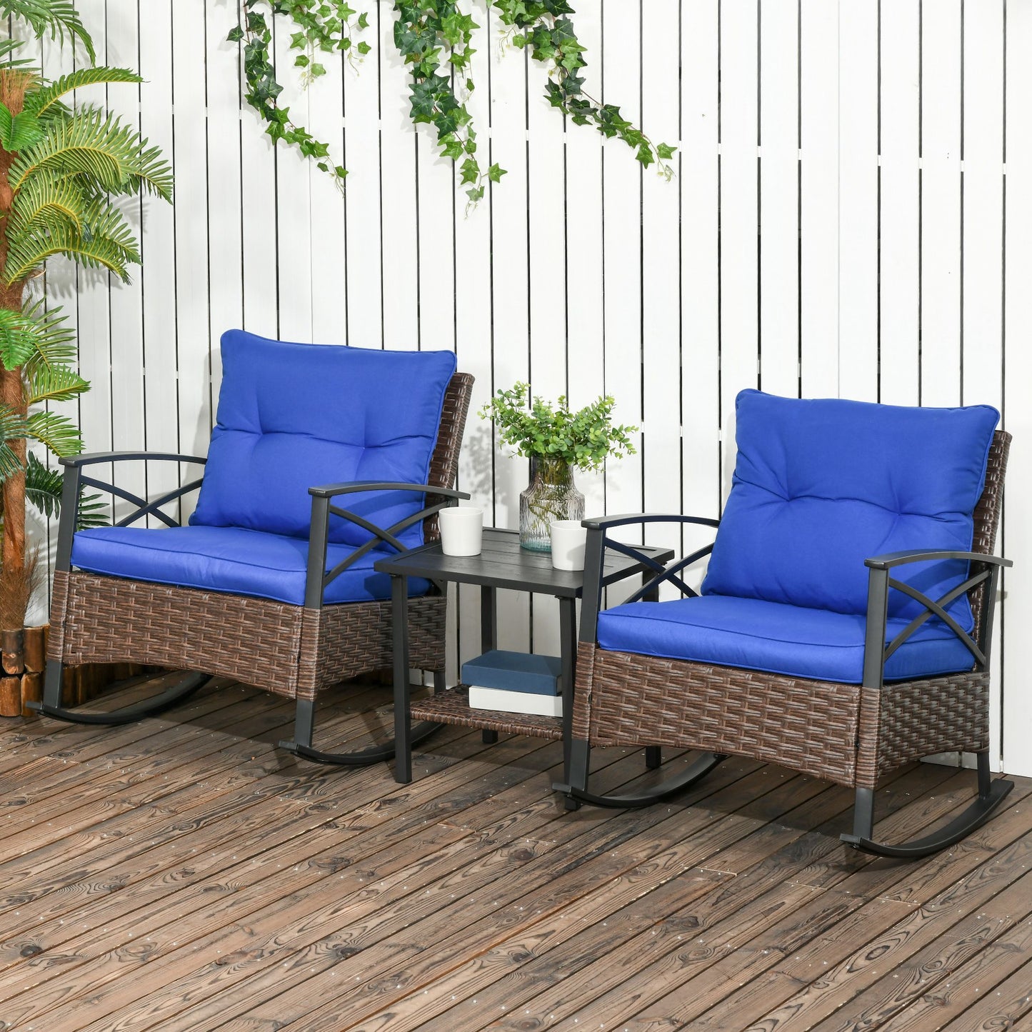 3 Pcs Outdoor PE Rattan Rocking Chair Set, Bistro Set with Two-tier Table, Padded Cushions for Garden, Dark Blue