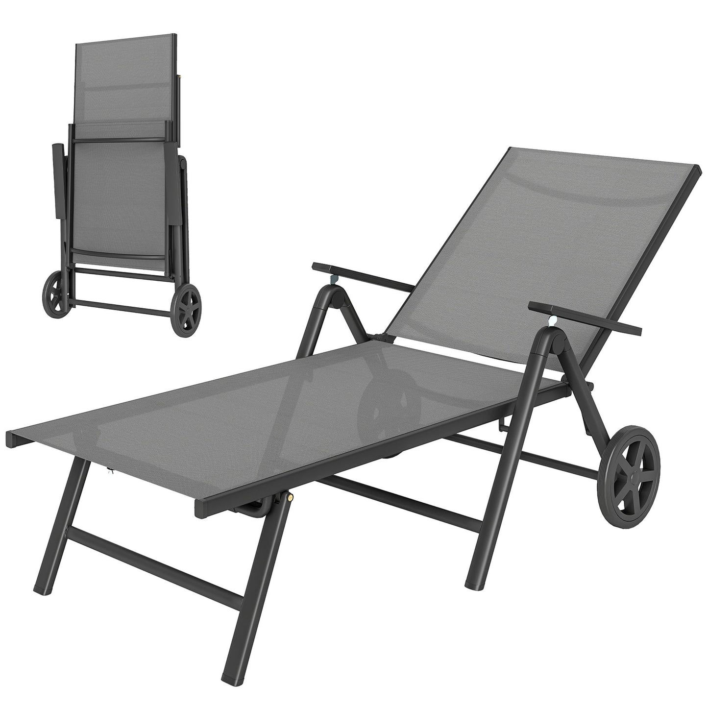 Outdoor Lounge Chair, 5-Level Adjustable Folding Chaise Chair with 2 Wheels for Backyard, Beach, Poolside, Grey
