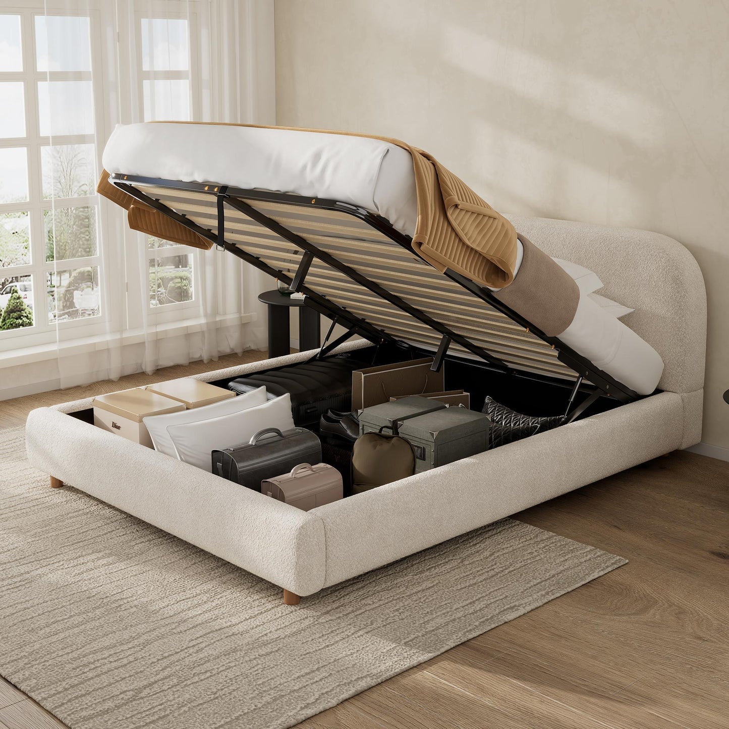 Queen Size Hydraulic Lift Storage Bed with Upholstered Headboard, Modern Bedboard with Rubberwood Legs, 88'' L x 64'' W x 35'' H, White
