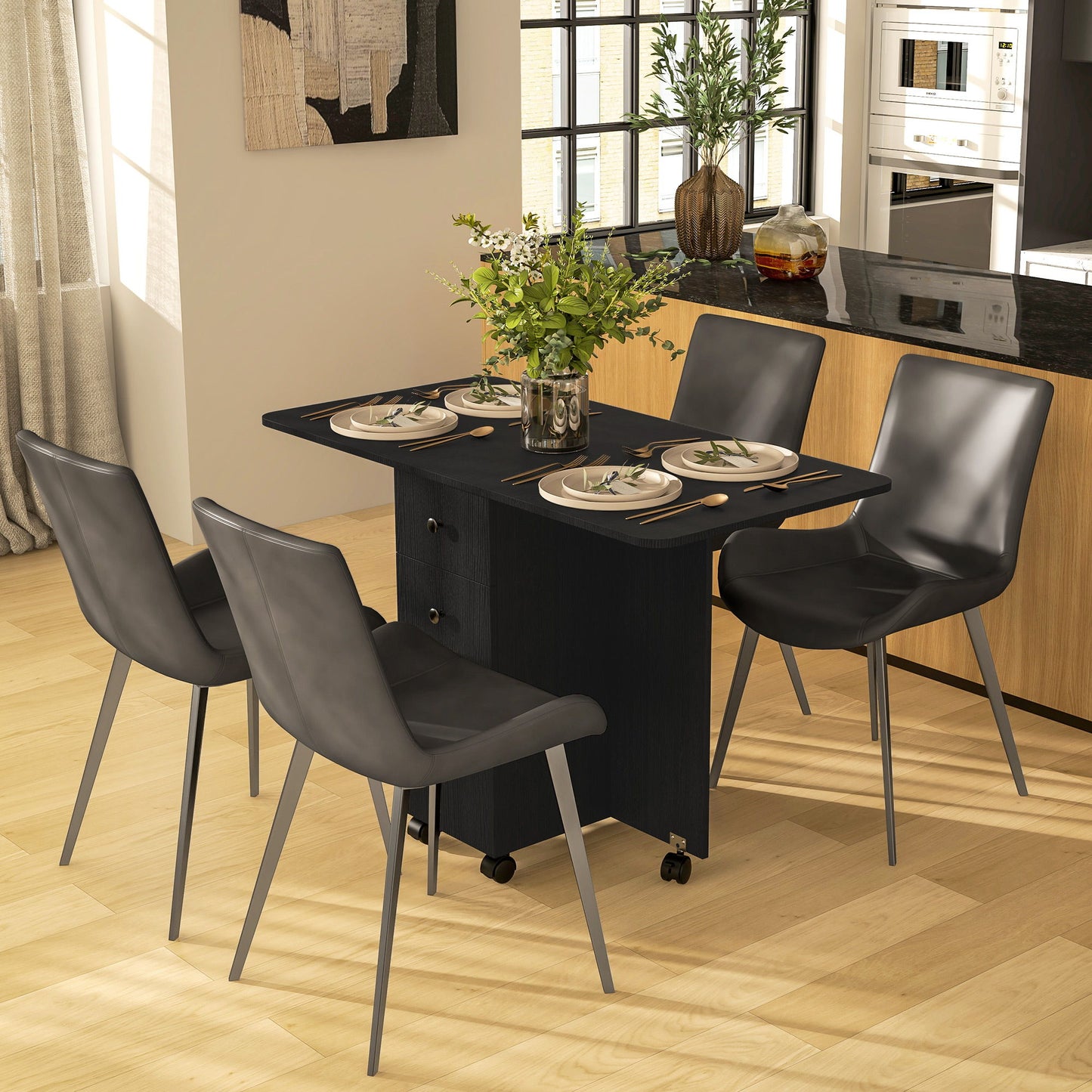 Drop Leaf Dining Table, Mobile Folding Table on Wheels with Drawers and Cabinet for Dining Room, Kitchen, Black
