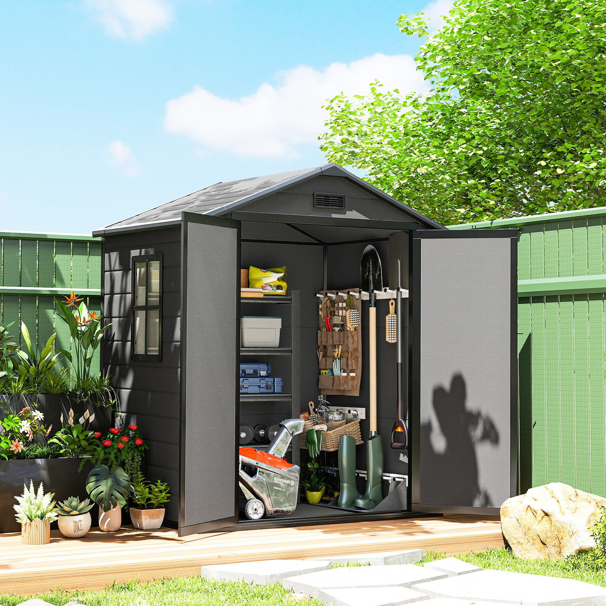 6x4.5FT Plastic Shed, Lockable Garden Tool Storage House with Double Doors and Vent, Grey