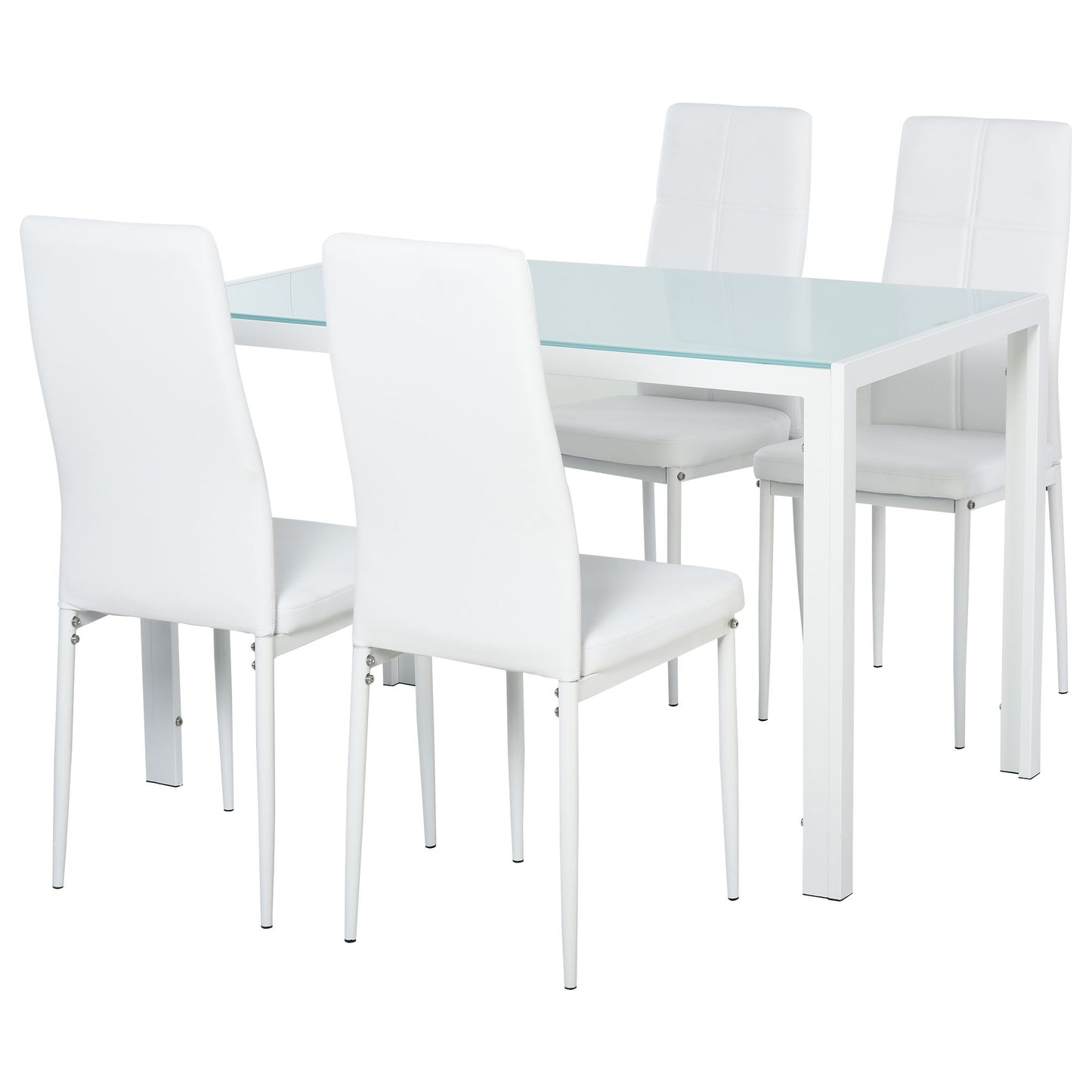5-Piece Rectangular Glass Kitchen Table and Chairs with Metal Frame and Faux Leather Upholstery for Dining Room, White