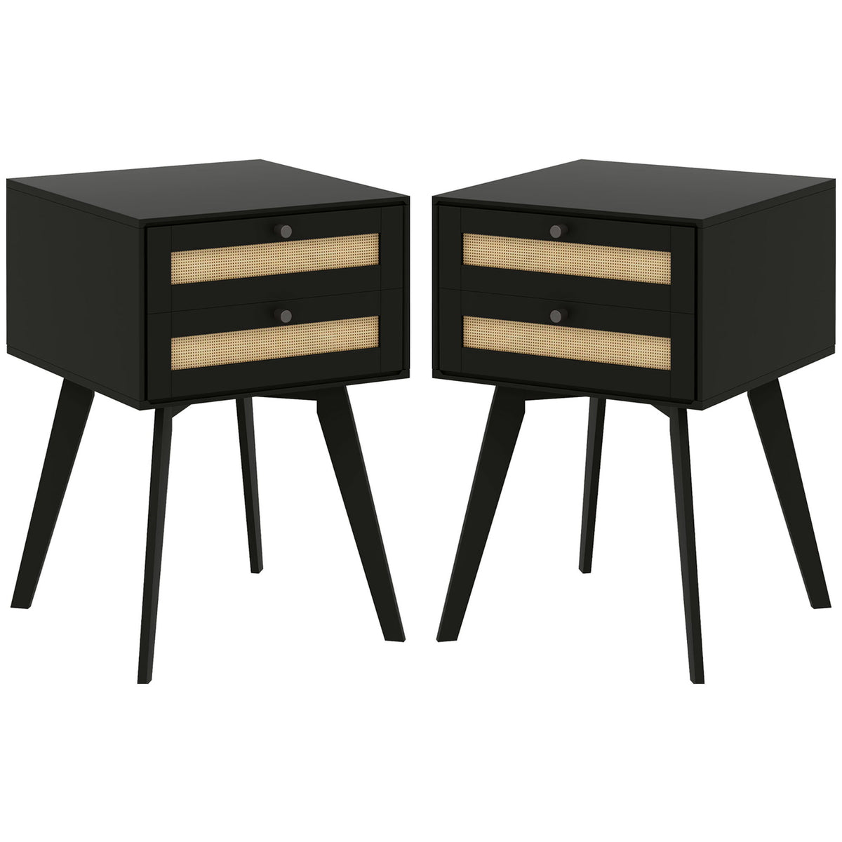Boho Night Stands Set of 2, Bedside Tables with 2 Rattan Drawers, Square End Tables for Bedroom, Living Room