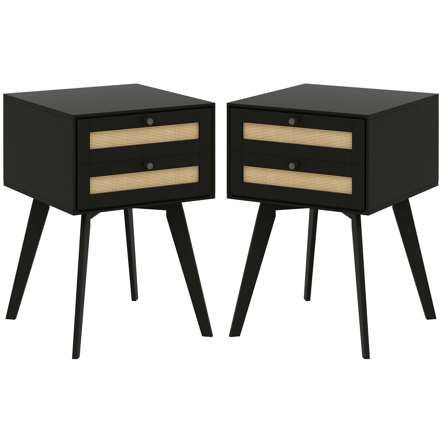 Boho Night Stands Set of 2, Bedside Tables with 2 Rattan Drawers, Square End Tables for Bedroom, Living Room