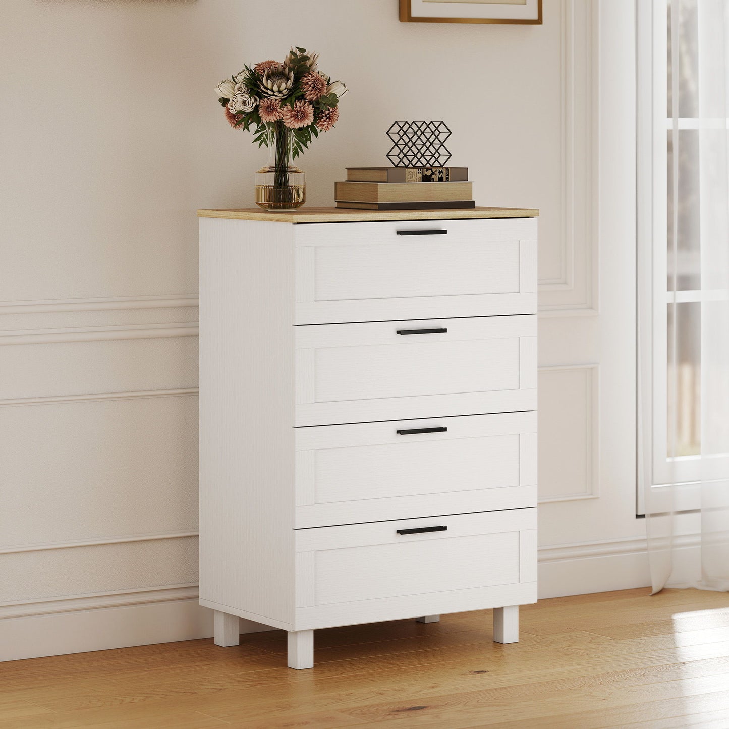 Dresser for Bedroom with 4 Drawers, Chest of Drawers with Solid Wood Legs for Closet, Living Room, Entryway, White
