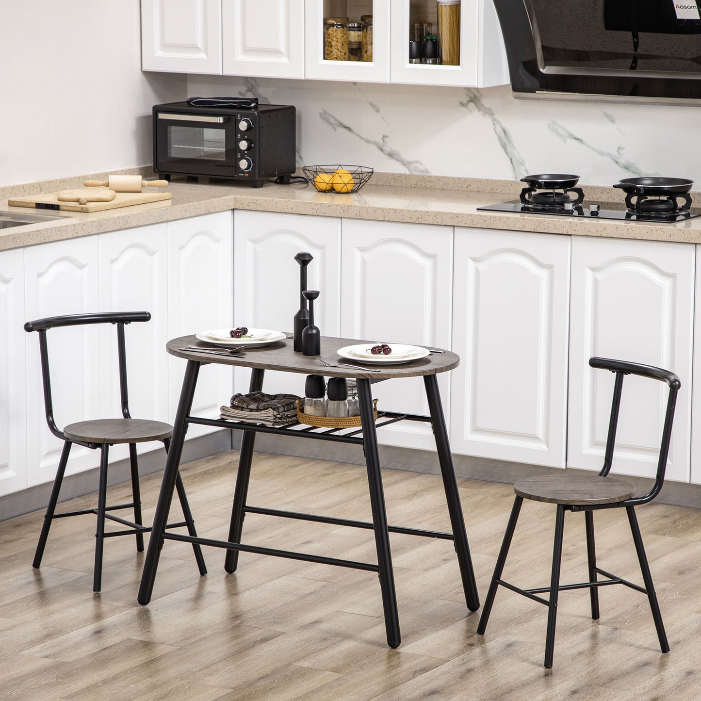 3-Piece Dining Table Set, Oval Kitchen Table and 2 Chairs, Small Breakfast Table Set with Metal Frame for Small Space, Dining Room, Living Room, 35.4" x 19.7" x 29.5"
