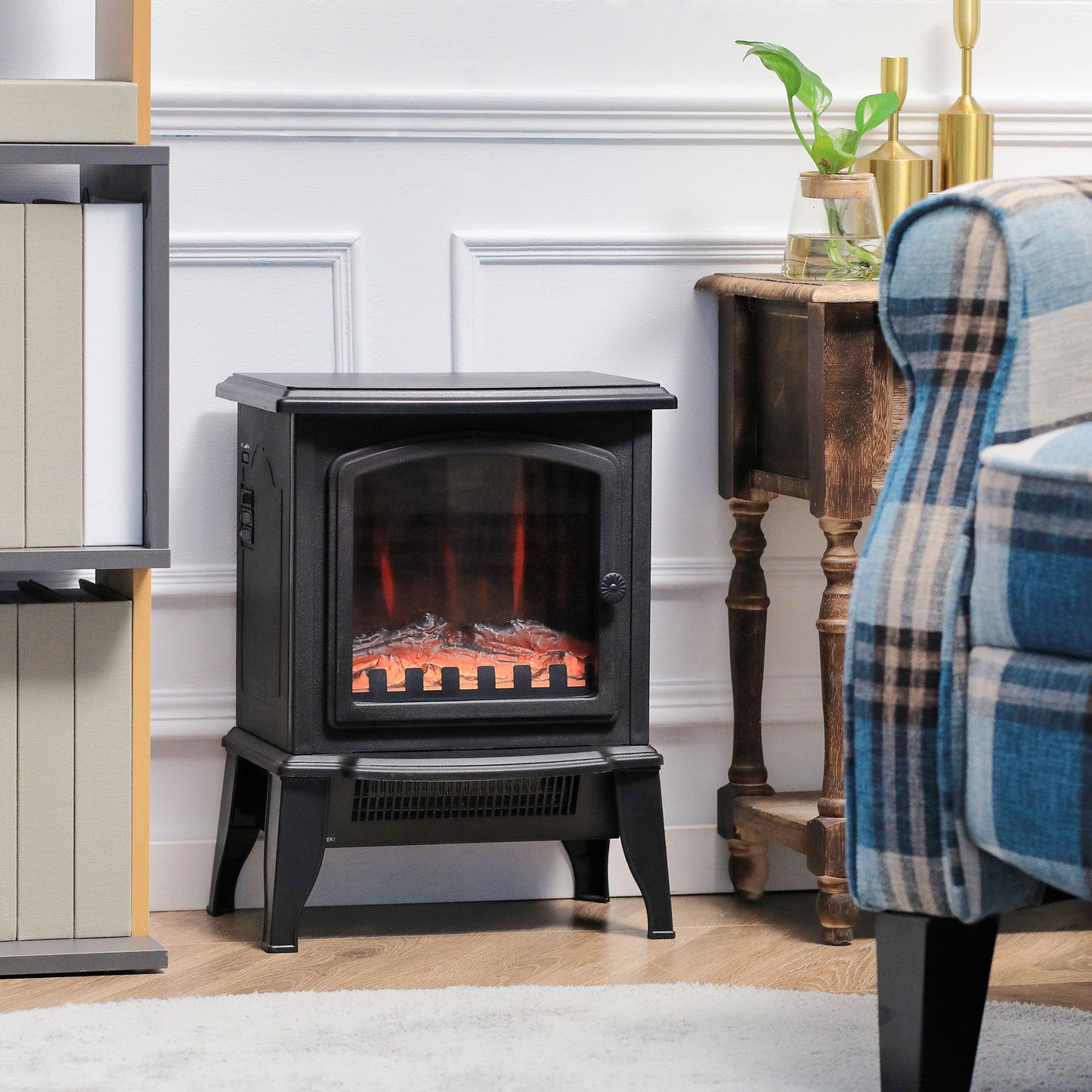 Electric Fireplace Heater, Freestanding Fireplace Stove with Realistic Flame Effect, Overheat Safety Protection, 750W/1500W, Black