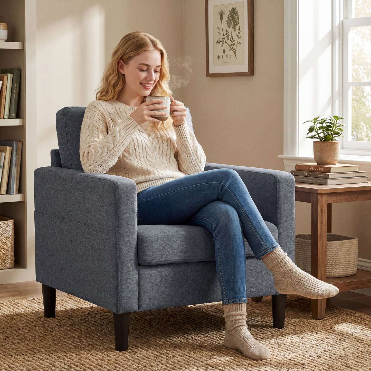 Accent Chair Upholstered Modern Armchair for Living Room with Thick Padded Seat and Armrests Dark Grey