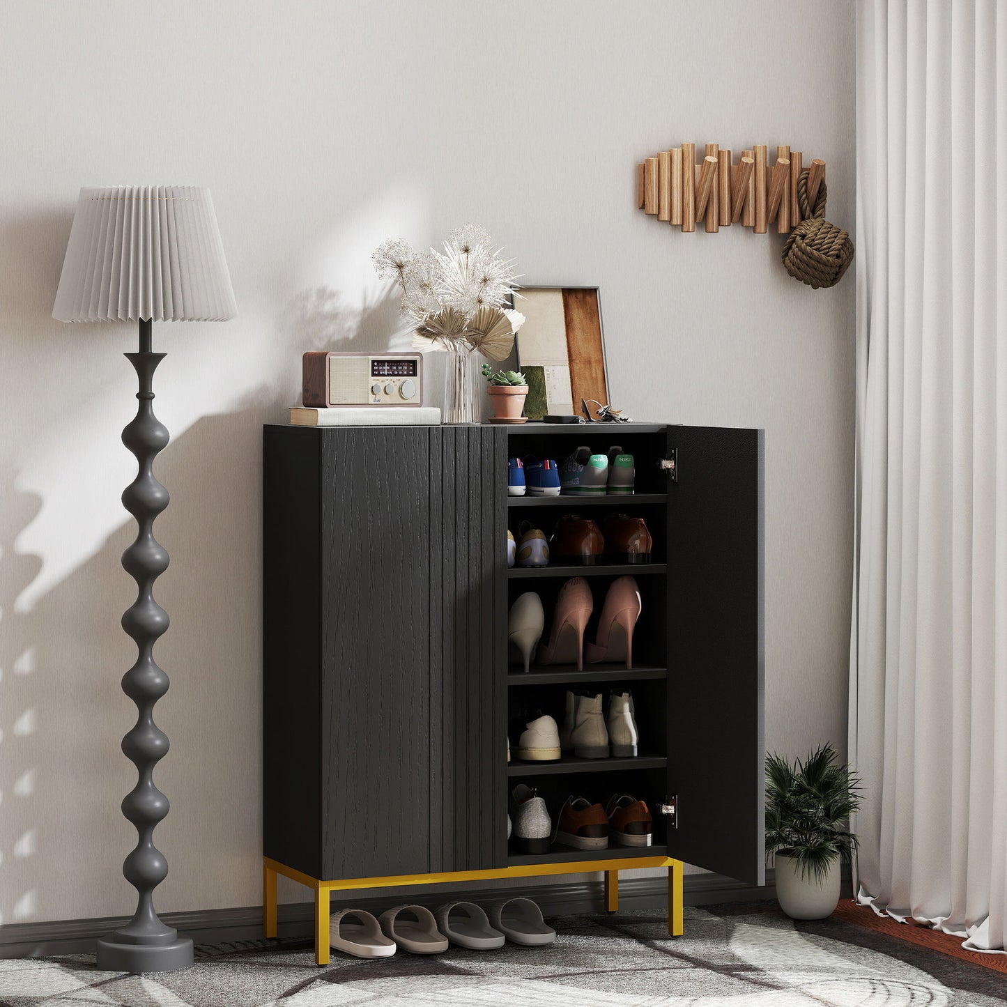 Shoe Storage Cabinet with Adjustable Shelves and Soft-Close Hinges, for 15-20 Pairs of Shoes, Black