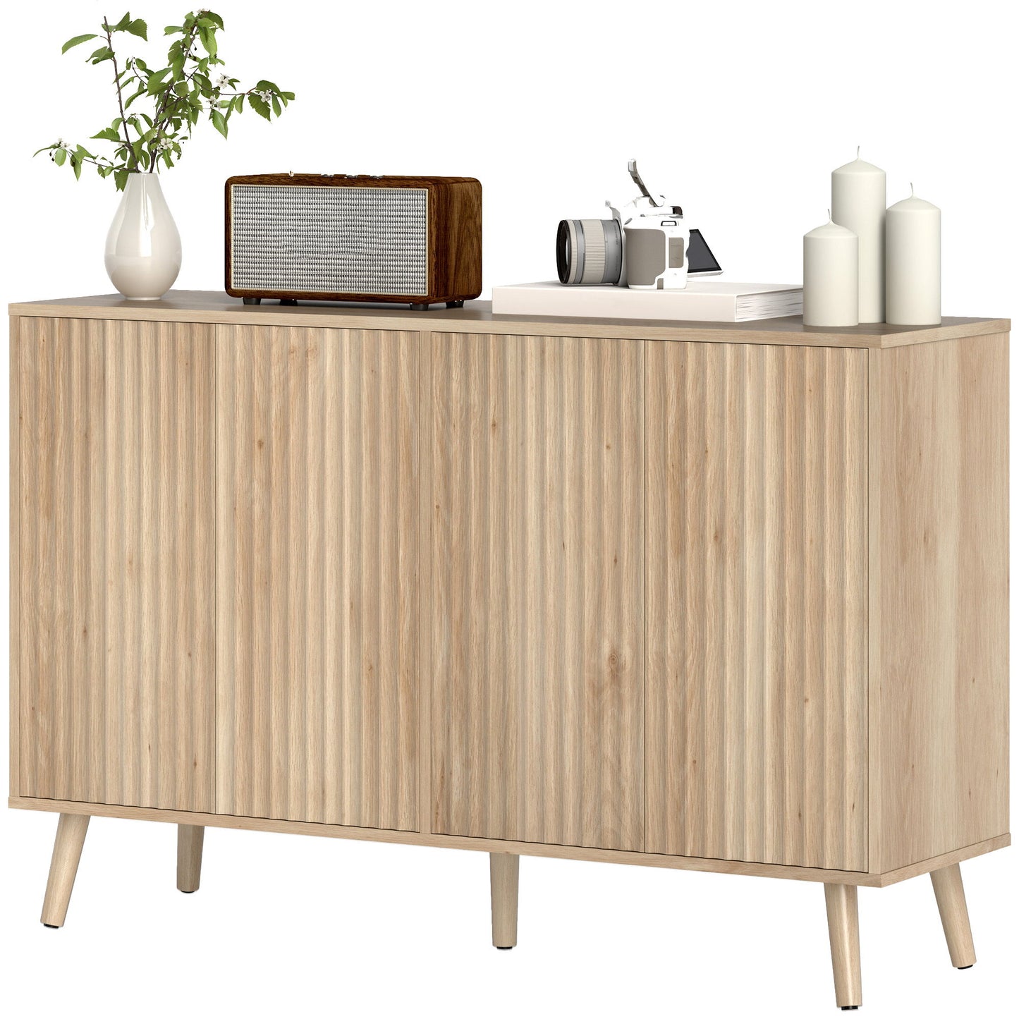 Buffet Cabinet with Storage Modern Fluted Sideboard with Adjustable Shelves Wood Legs for Dining Room Living Room Oak