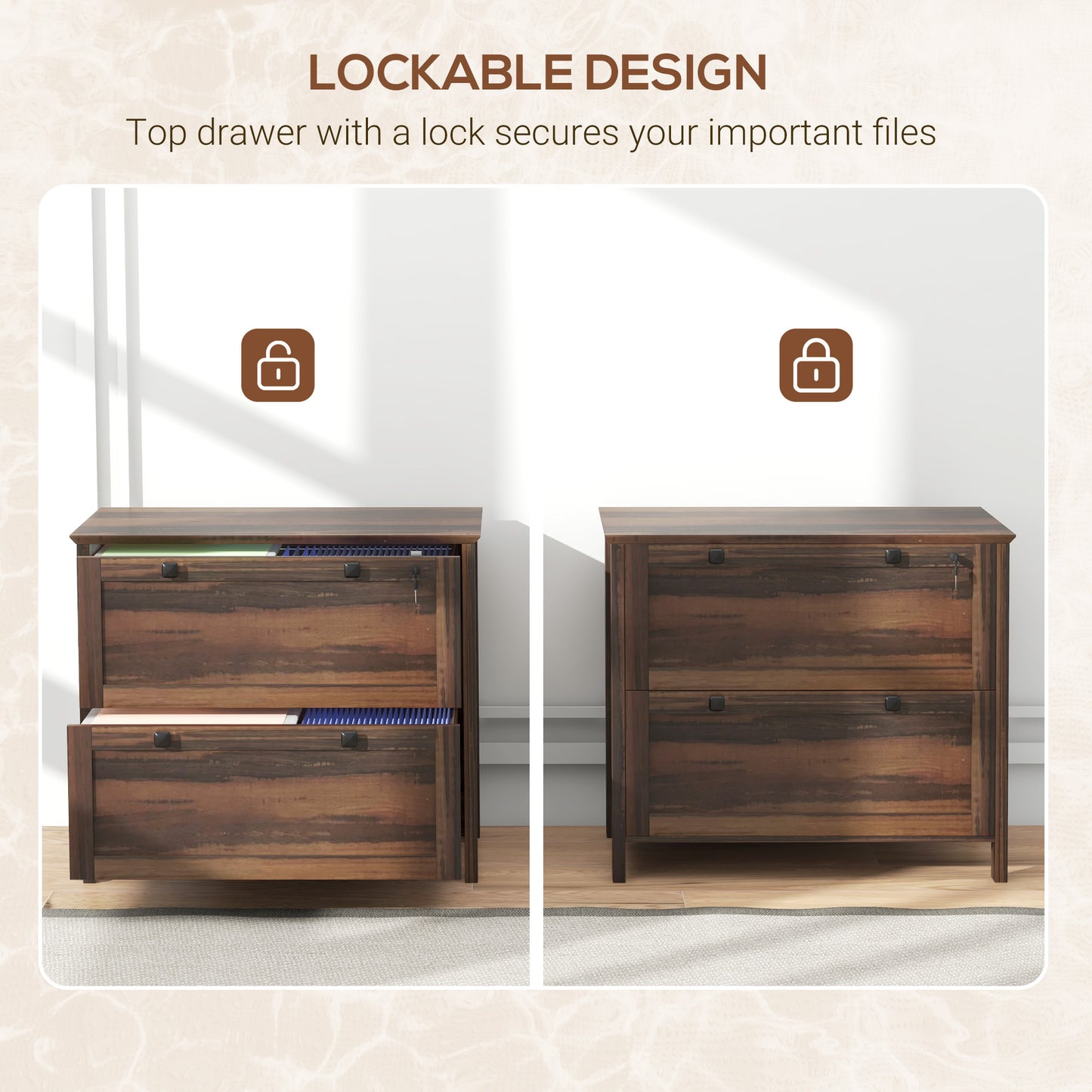 2 Drawer File Cabinet, Lockable Filing Cabinet with Adjustable Hanging Bar for Letter, A4 and Legal Size, Brown