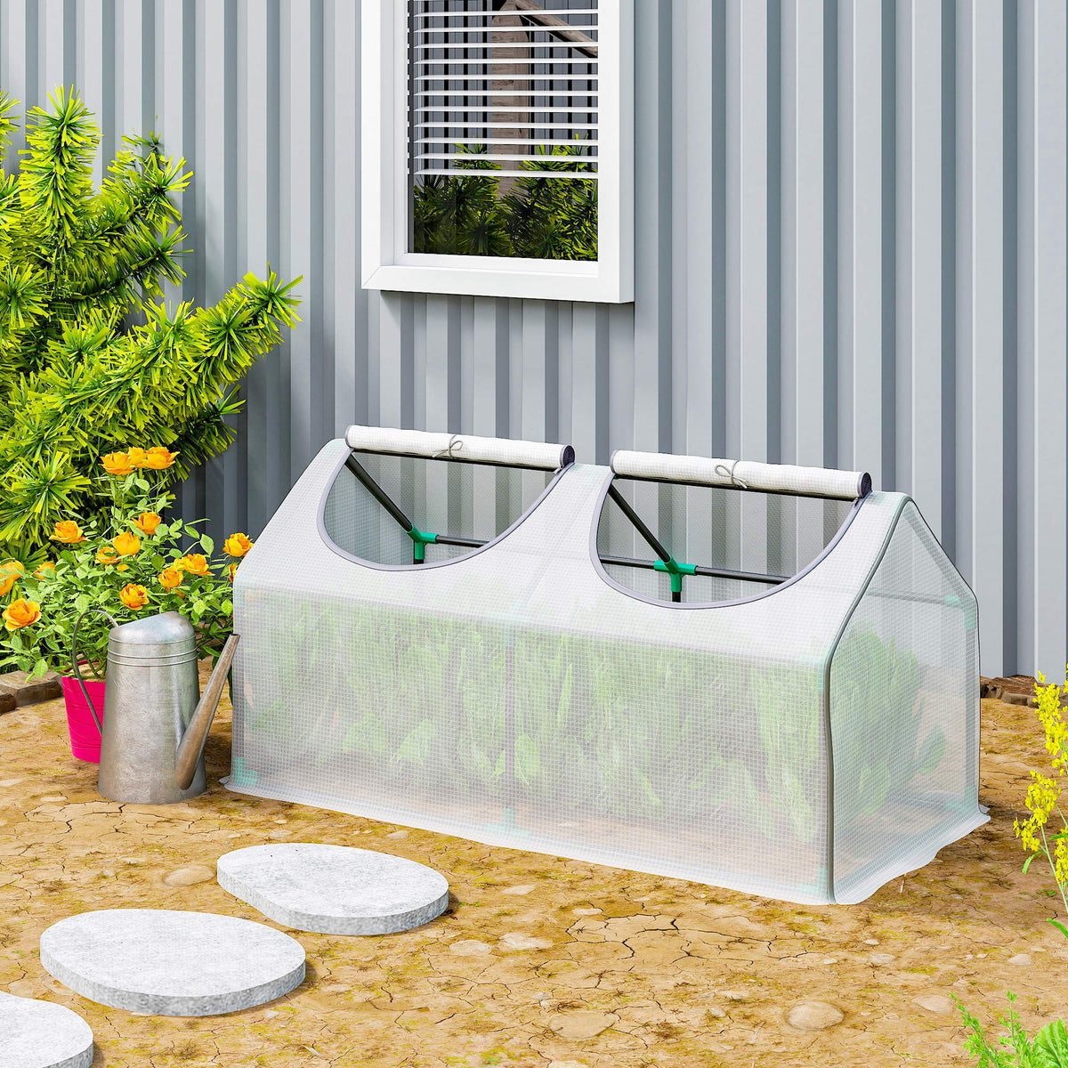Portable Mini Tunnel Greenhouse Garden Warm House with 2 Windows Steel Frame PE Cover, 47" x 24" x 24", White