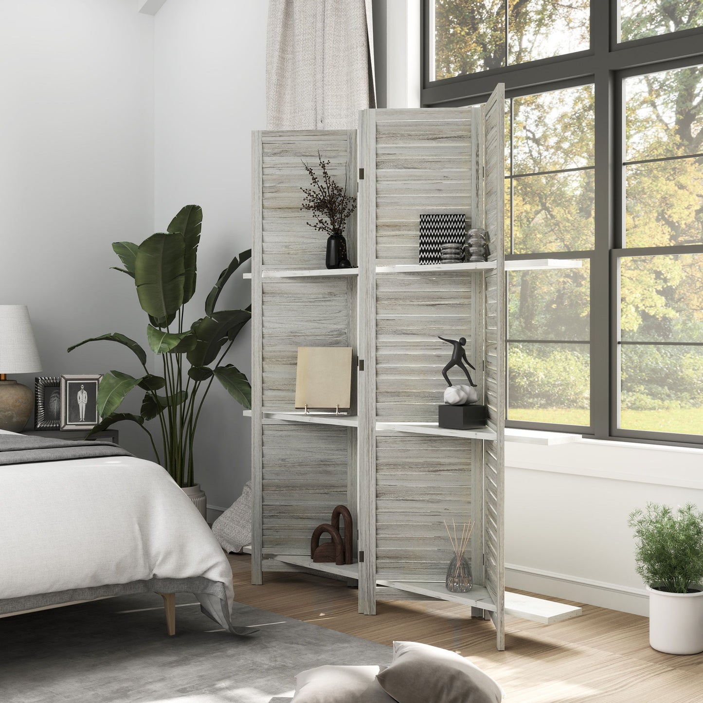4-Panel Wall Partition Room Separator with 3 Storage Shelves Foldable Design Wooden Frame 5.6FT Distressed White