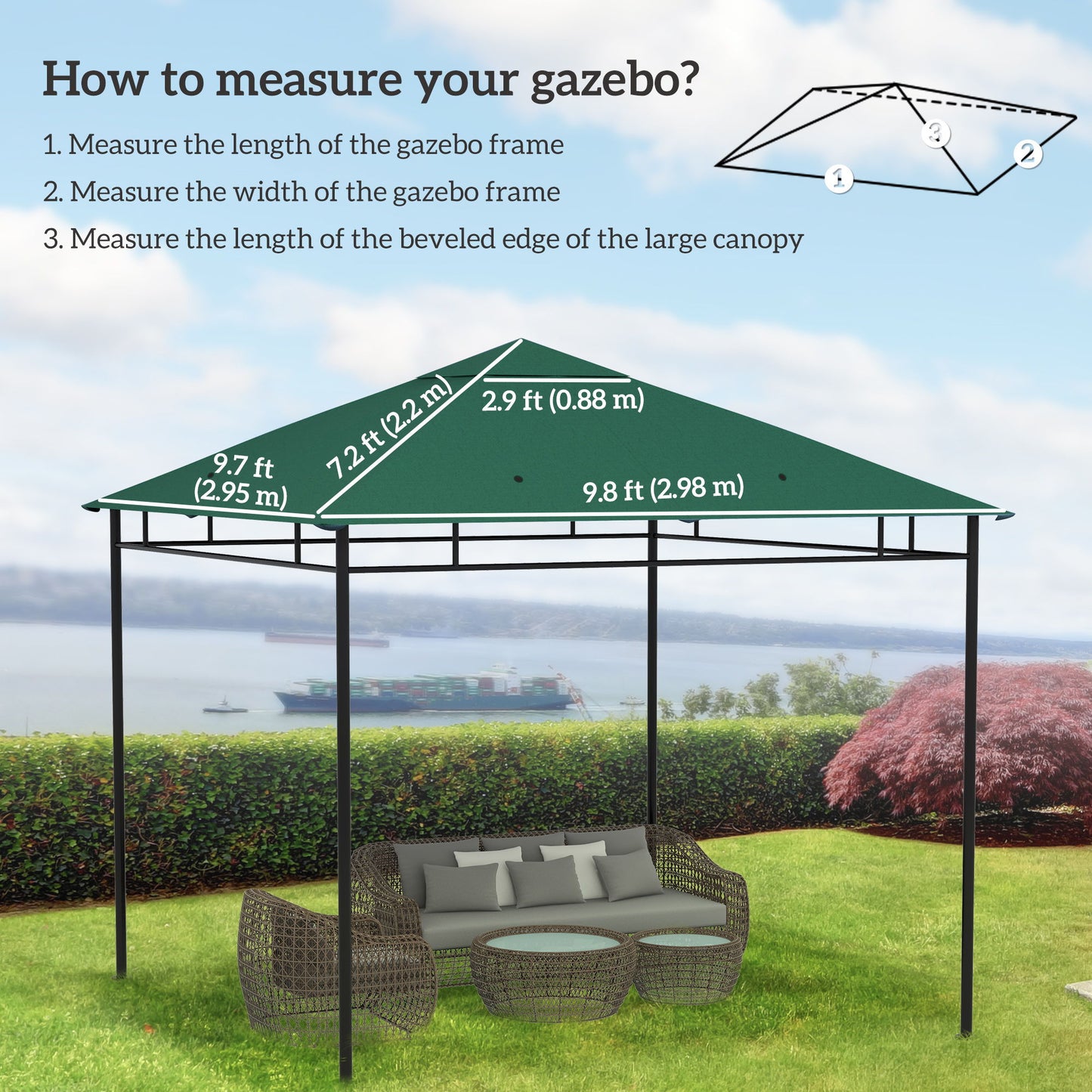 10' x 10' Square Gazebo Canopy Replacement UV Protected Top Cover Sun Shade Green