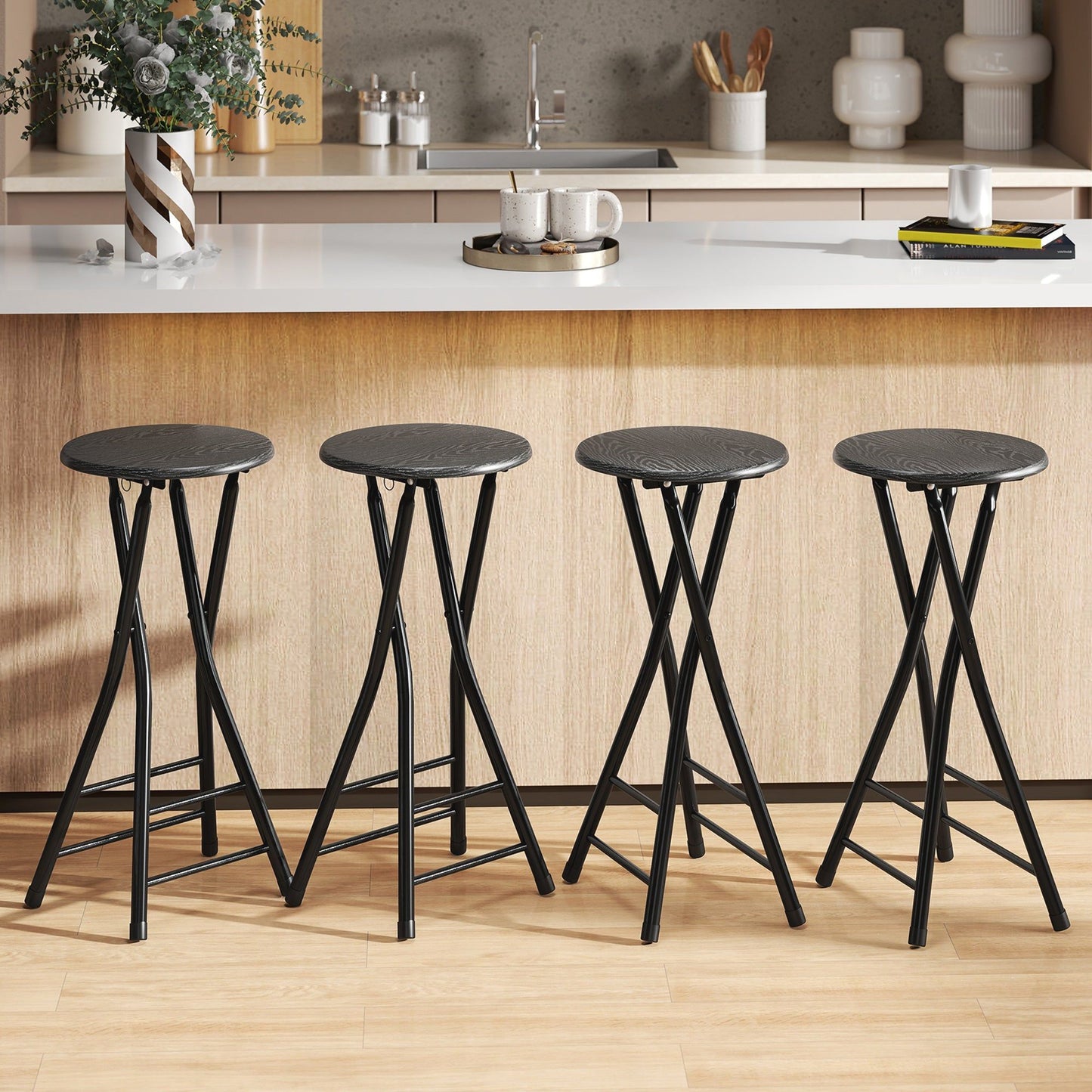 Foldable Bar Stools Set of 4 with Footrest - Black
