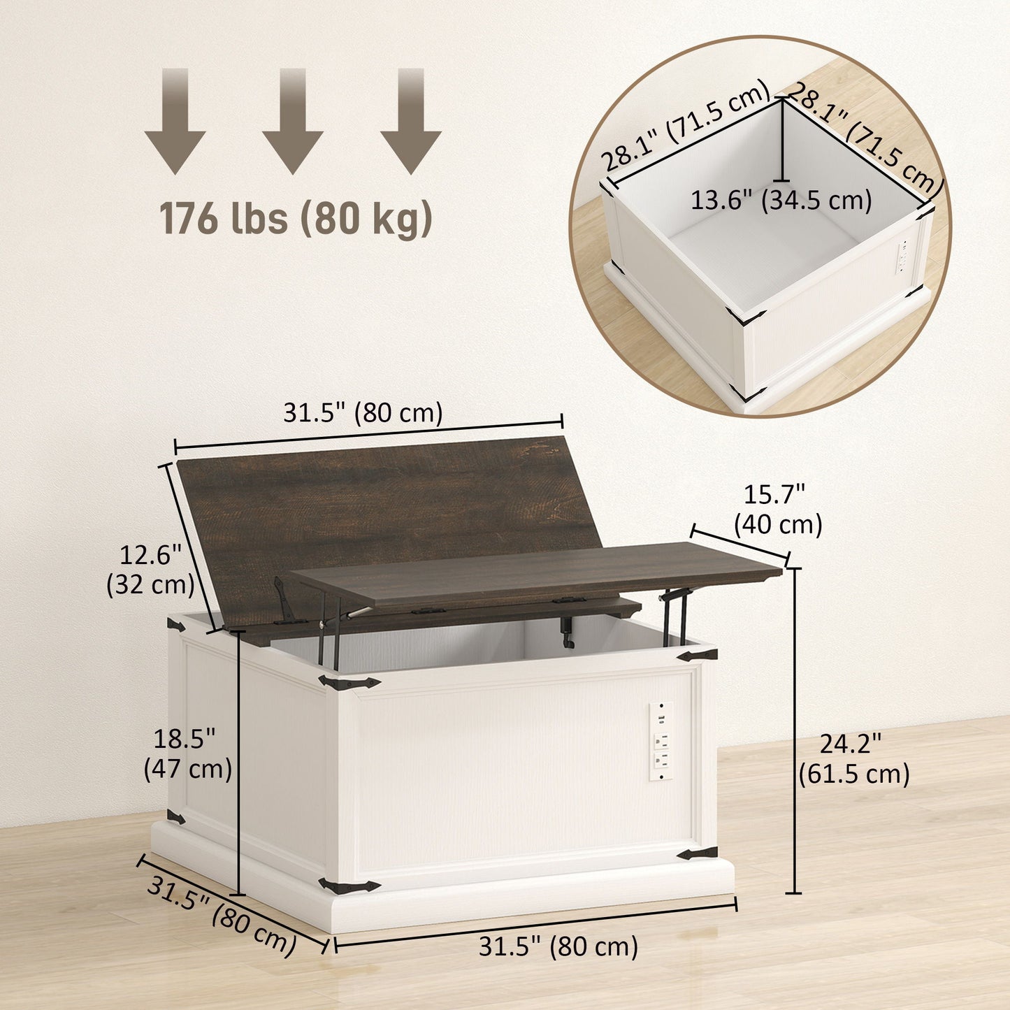 Lift Top Coffee Table with Charging Station, Square Farmhouse Center Table with Hidden Storage, White Wood Grain
