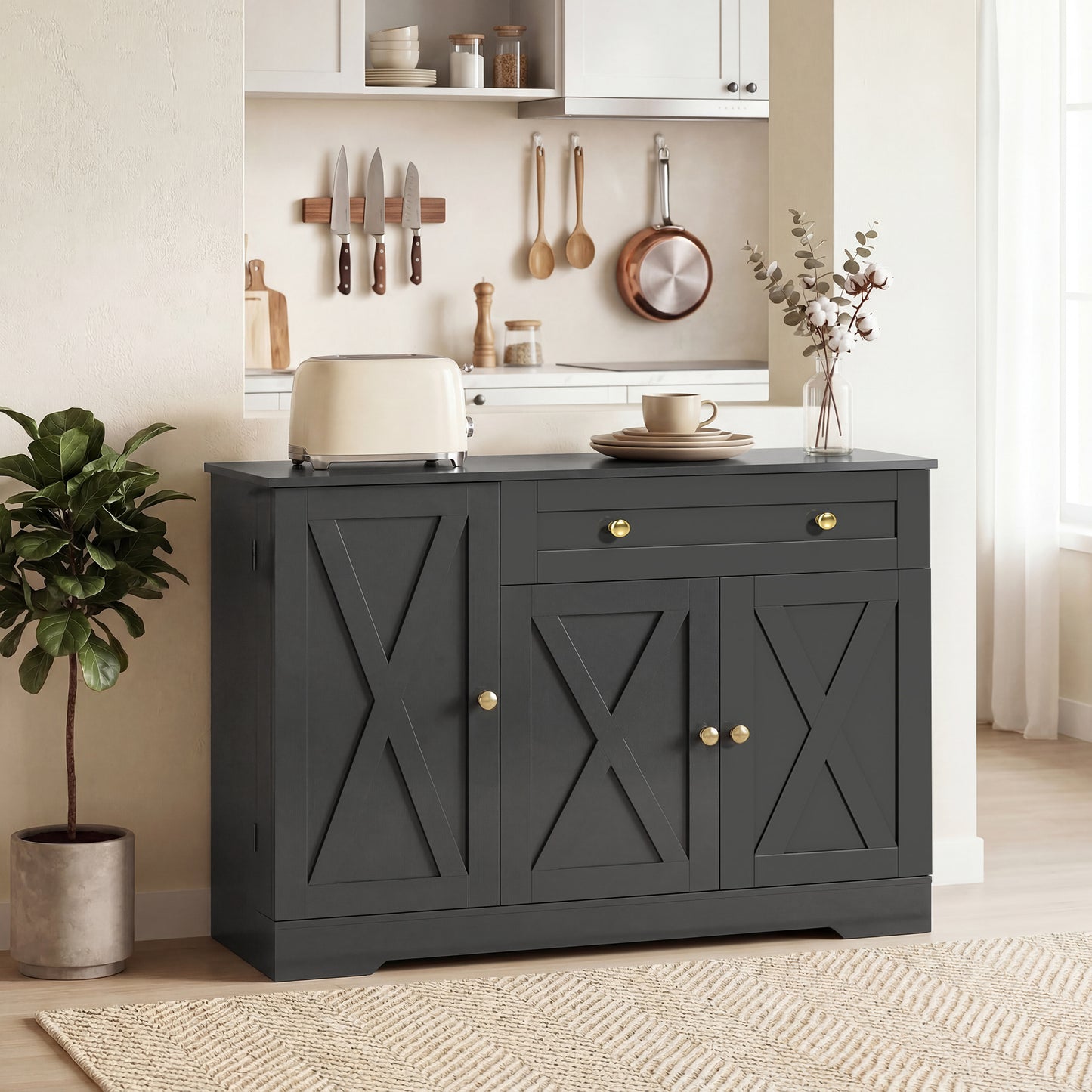Sideboard Buffet Cabinet, Farmhouse Coffee Bar Cabinet with Door Shelves, Adjustable Shelves, Drawer, Barn Doors, Black