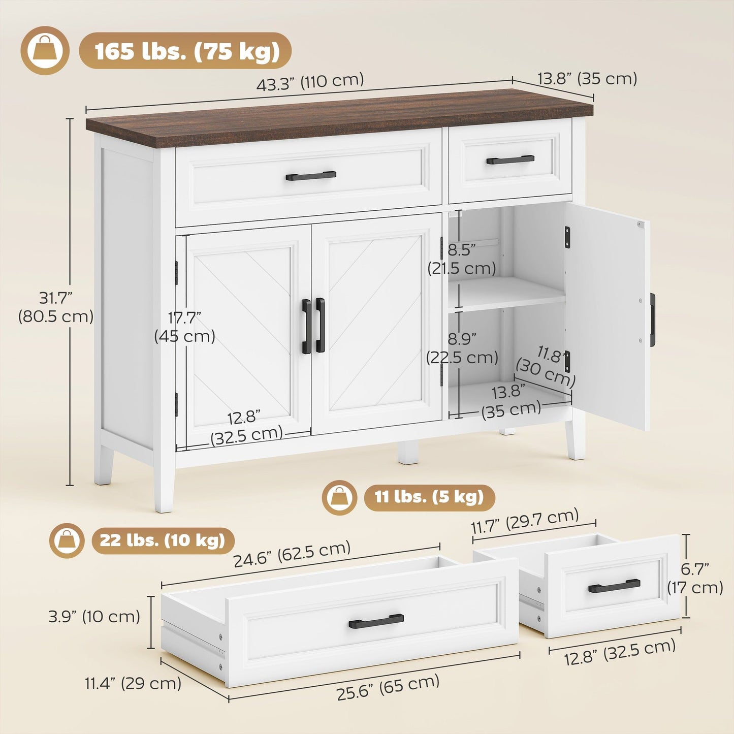 44" Farmhouse Sideboard Cabinet with Chevron Doors - White