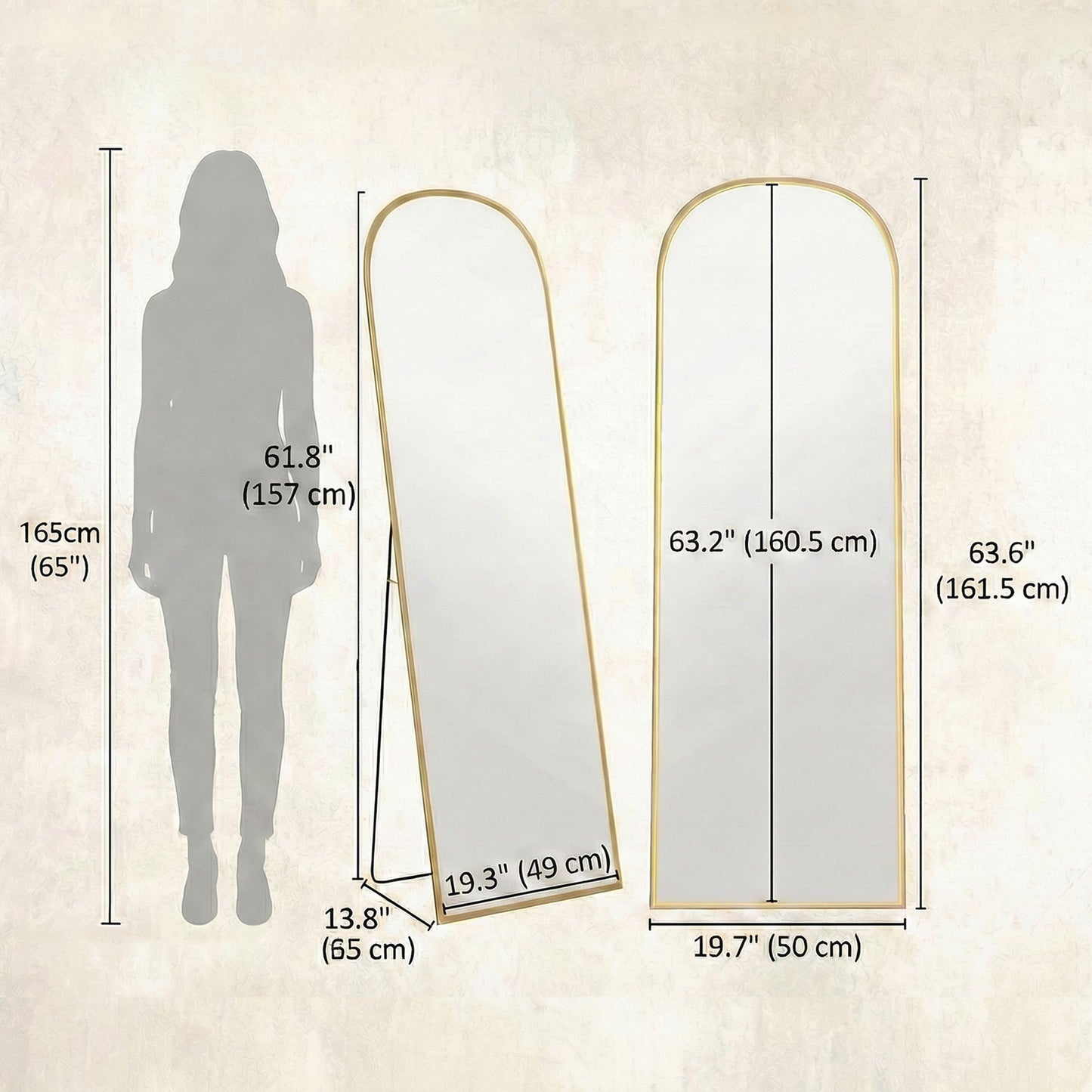 Arched Standing Mirror, 64" x 20" Full Length Mirror, Free Standing or Wall Mounted for Living Room, Bedroom, Gold