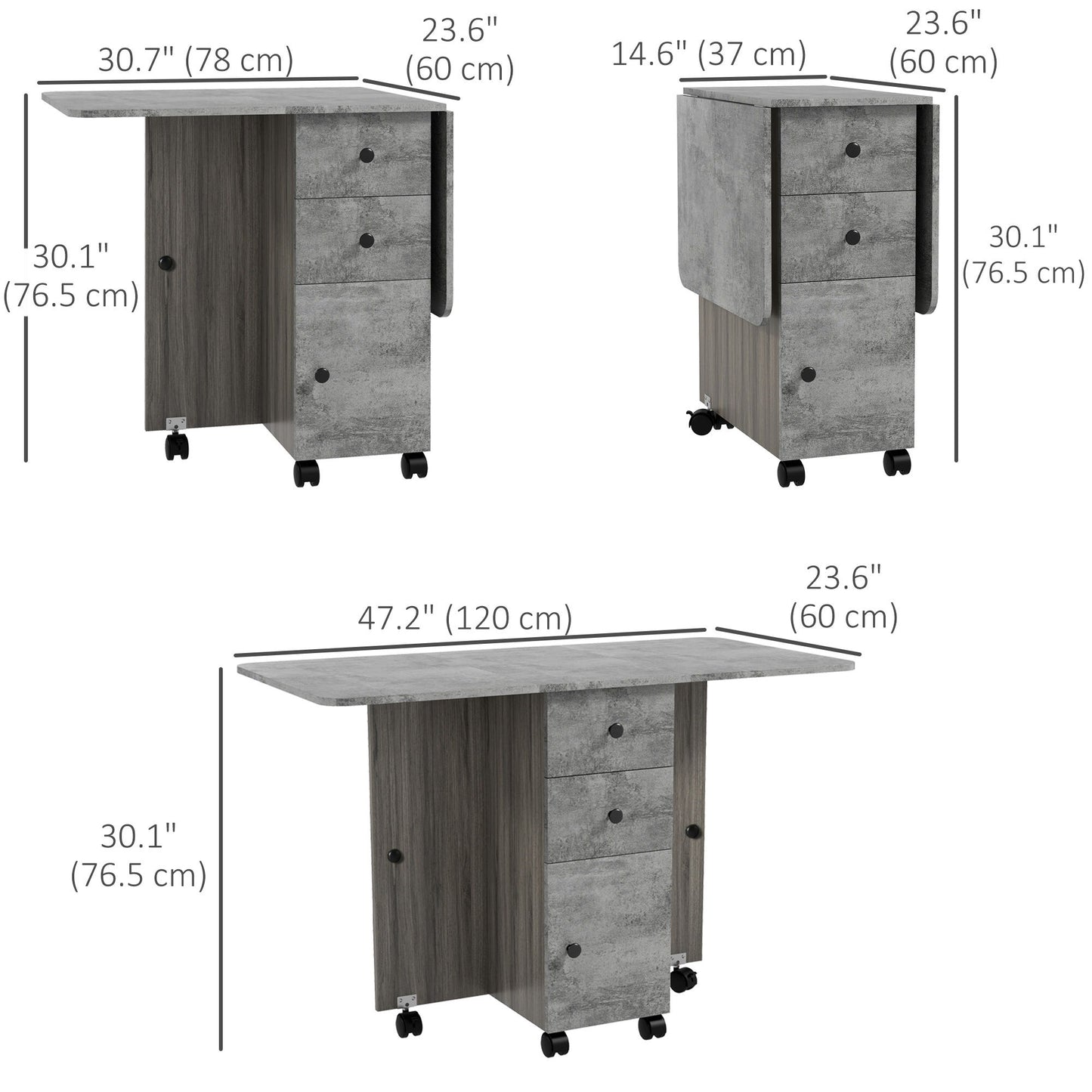 Drop Leaf Dining Table, Mobile Folding Table on Wheels with Drawers and Cabinet for Dining Room, Kitchen, Grey