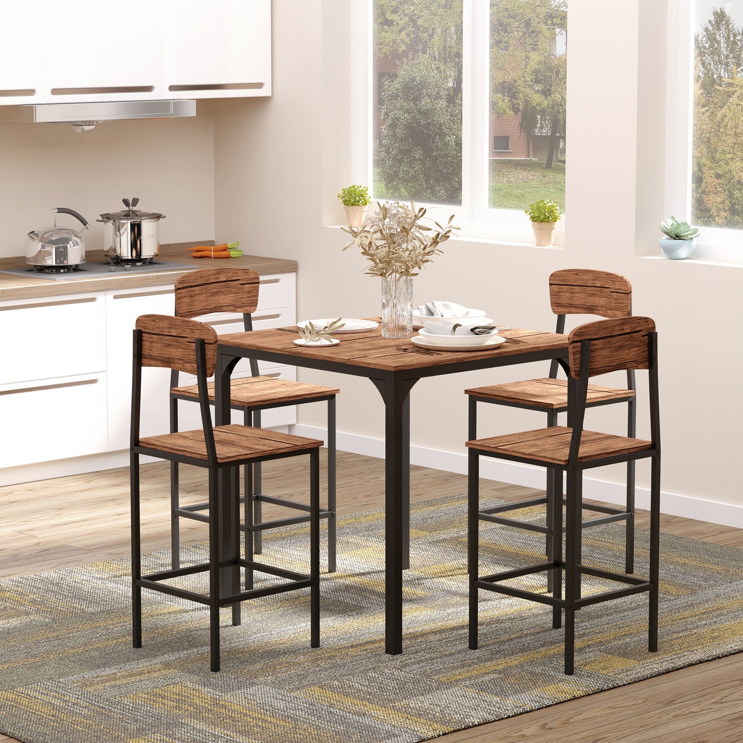 5-Piece Counter Height Bar Table and Chairs, Square Dining Table and Chairs Set for 4, Industrial Pub Table and Chairs