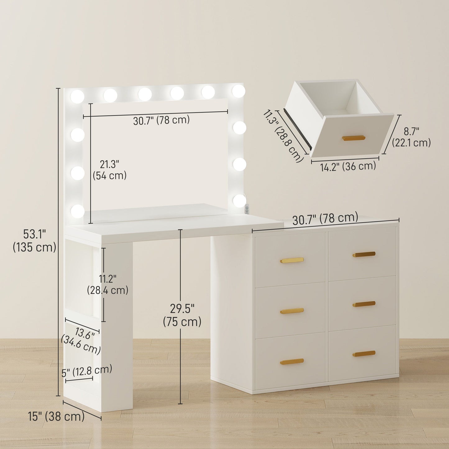 Vanity Desk with Mirror and 12 LED Lights, Makeup Table w/ Power Outlet, 3 Light Colour, 6 Drawers and 2 Shelves, White