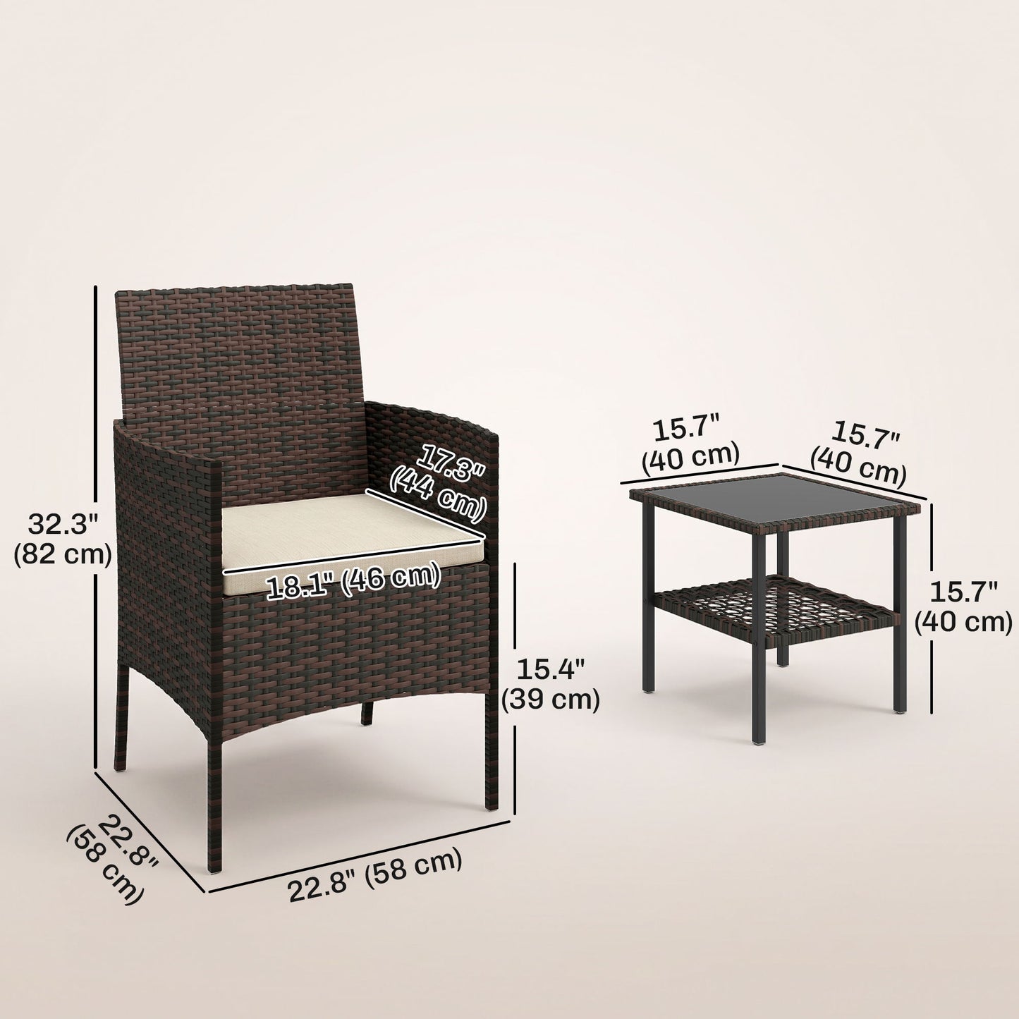 Wicker Bistro Set, 3 Piece Patio Furniture Set with 2-Tier Glass Top Table, Cushions for Balcony, Porch, Khaki
