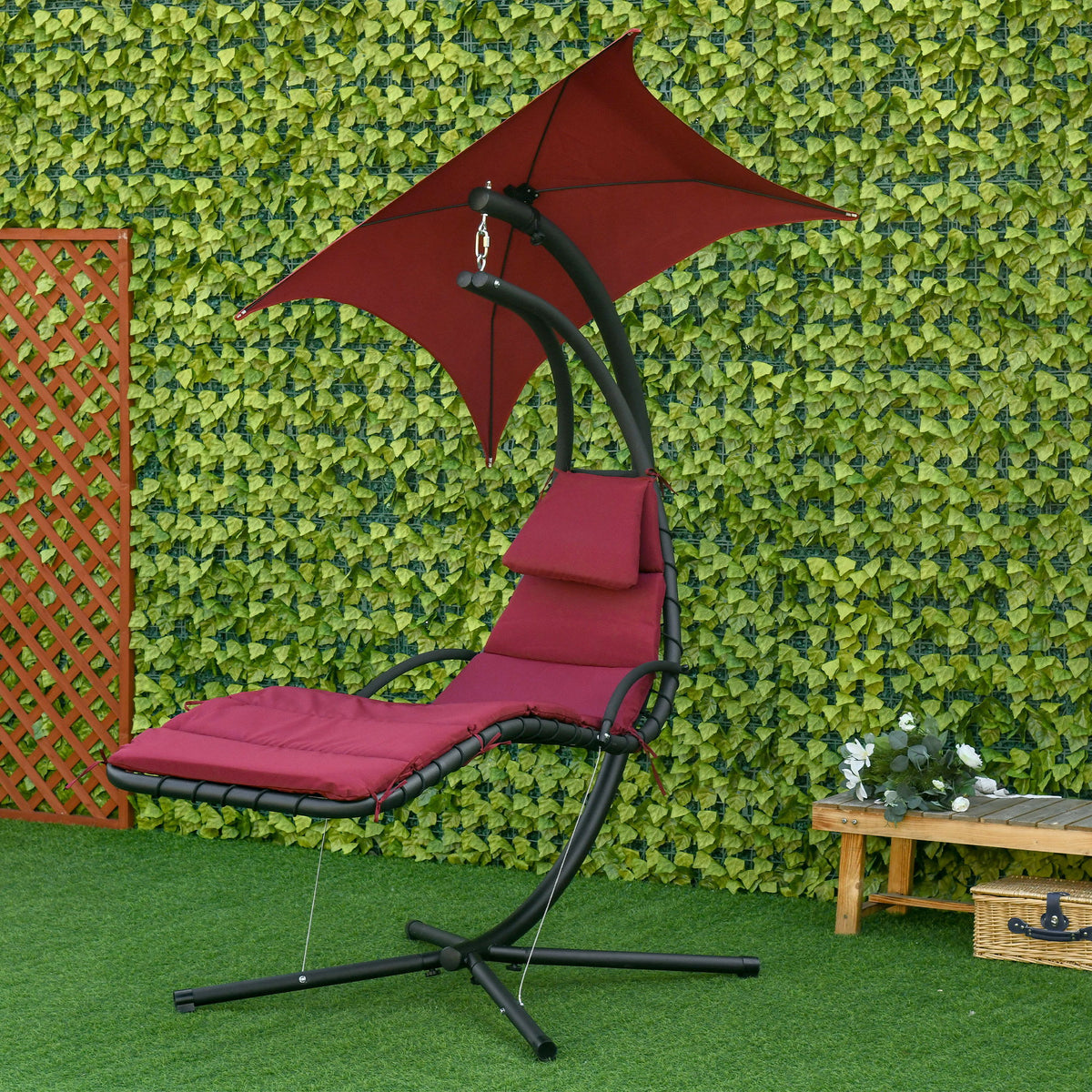 Outdoor Hammock Chair with Stand, Floating Chaise Lounge Chair with Soft Padded Cushion, Hanging Hammock Swing Reclining Seat with Canopy Umbrella, Wine Red