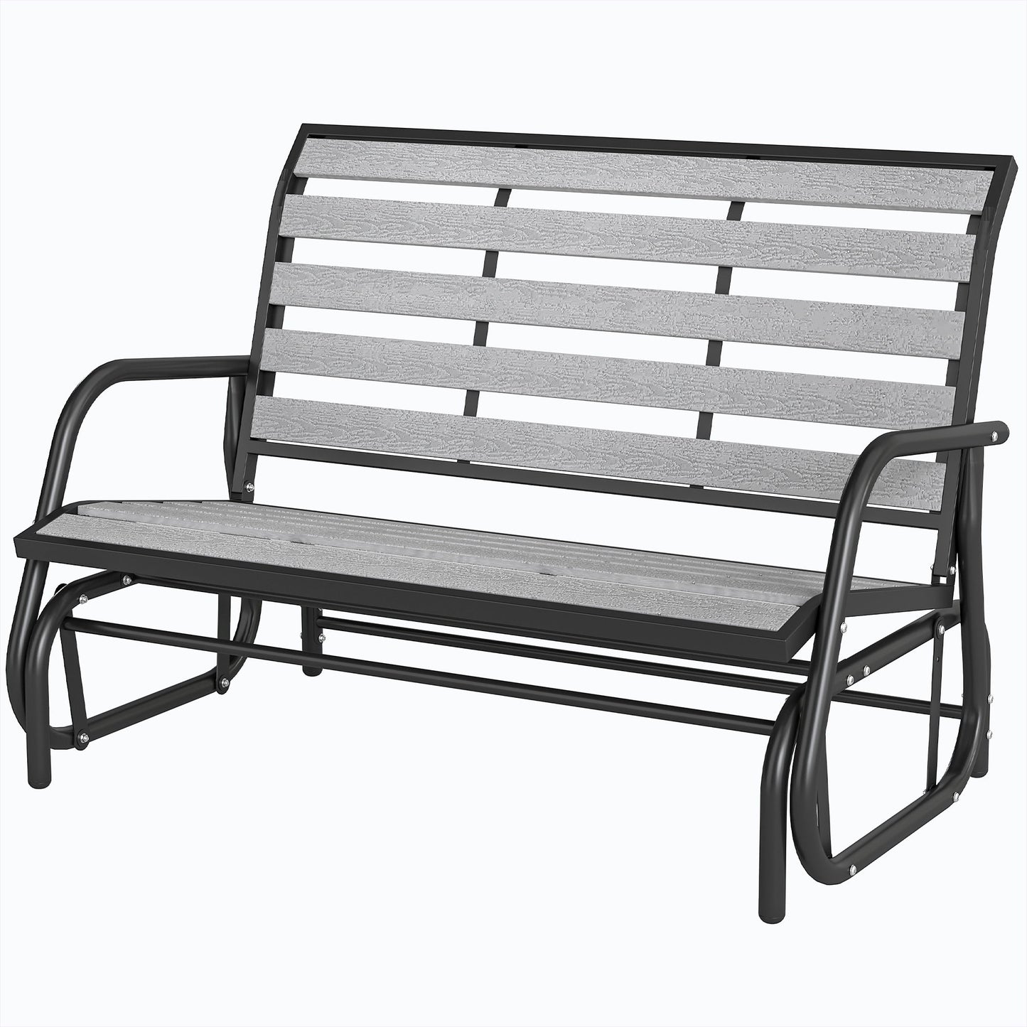 2 Person Outdoor Glider Bench, Patio Glider Loveseat with Faux Wood Slatted Seat and Back, Steel Frame, Grey