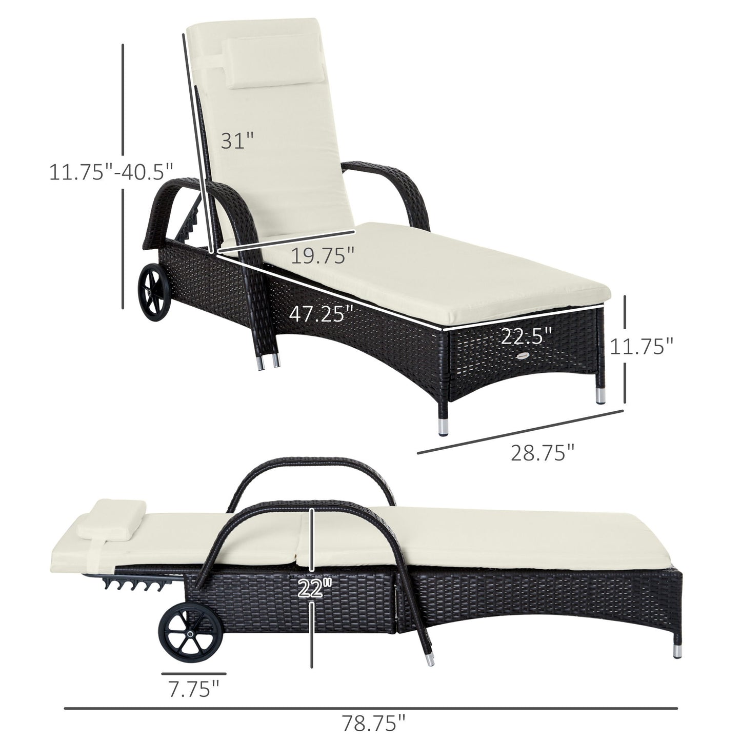 Wicker Chaise Lounge, Outdoor Lounge Chair, PE Rattan Patio Sun lounger with Head-rest, 5-Level Height Adjust Backrest, Cushion & Wheels, Deep Coffee and Cream White