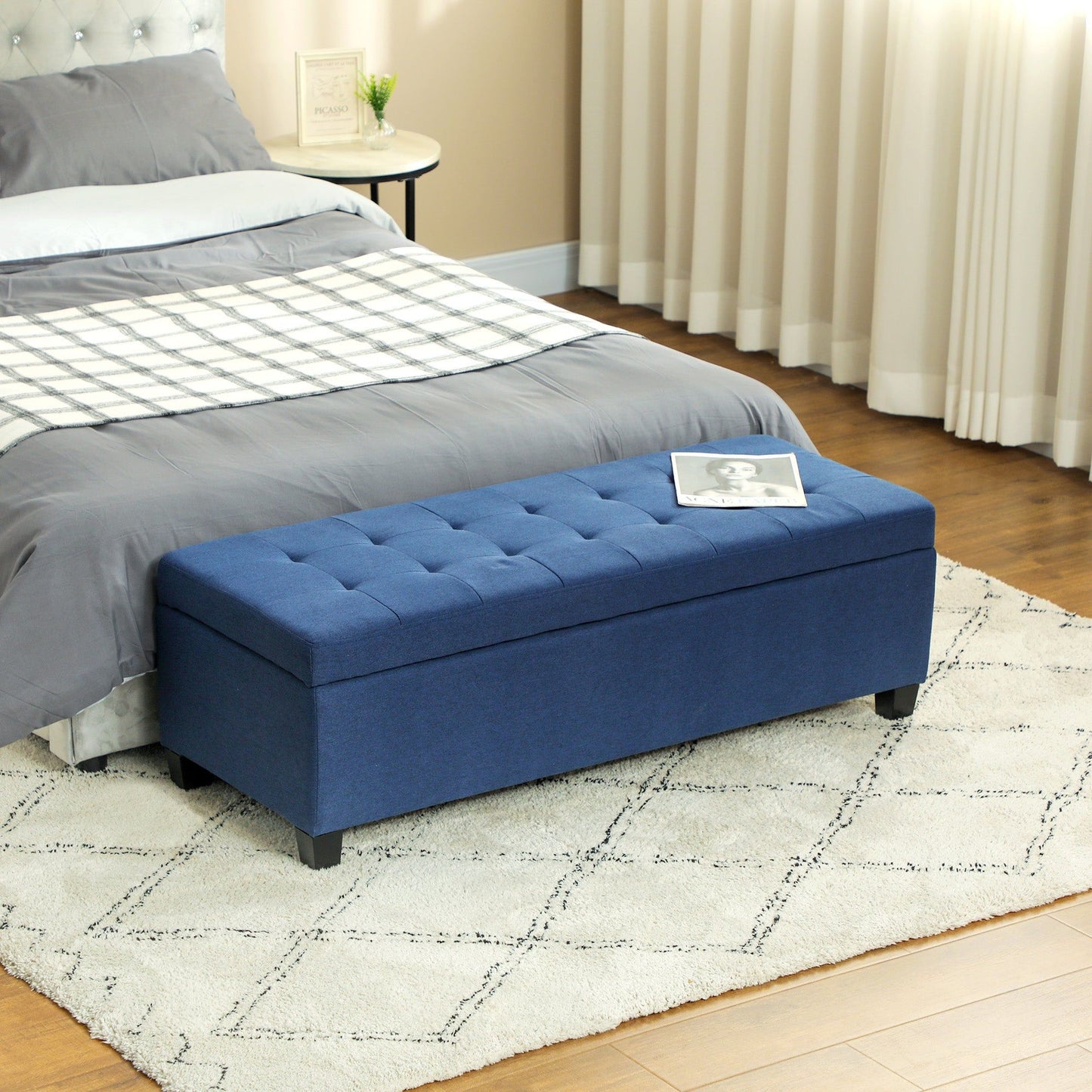 Tufted Linen Storage Entry Bench - Blue