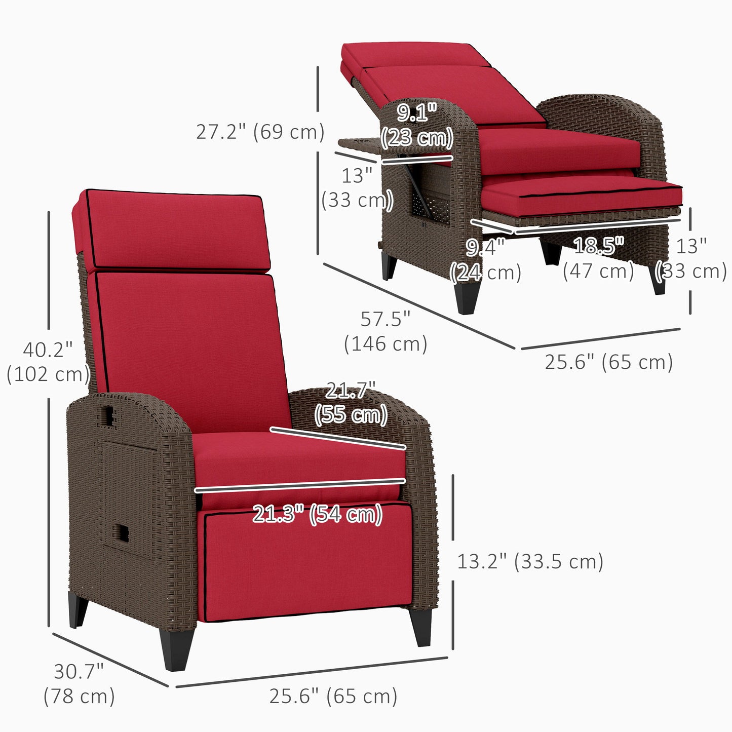Outdoor Recliner Chair with Adjustable Backrest, Footrest, Thick Cushion, Side Tray, Up to 264 lbs, Wine Red