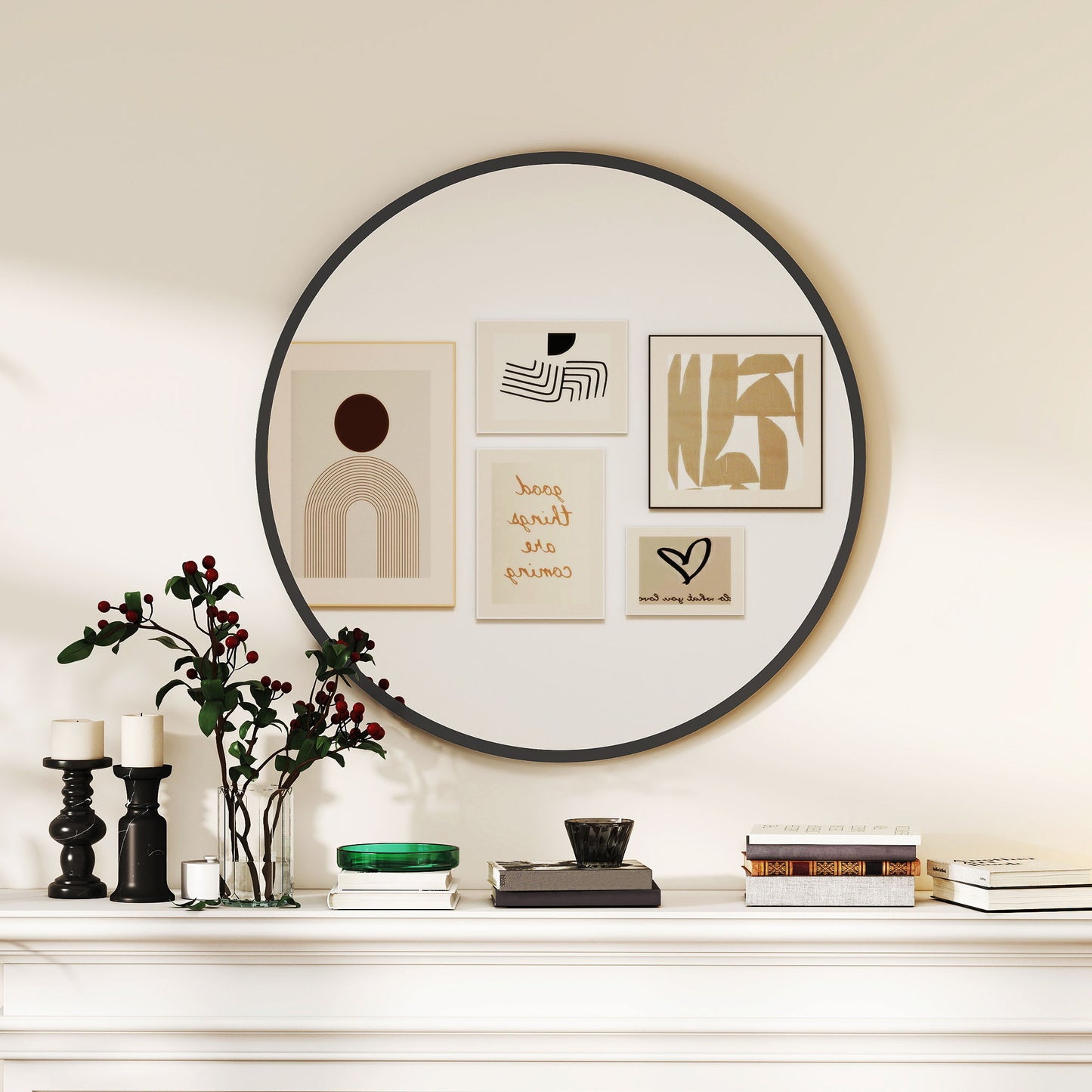 30" Round Mirror, Bathroom Wall Mirror with Metal Frame, Decorative Vanity Mirror for Living Room, Bedroom, Black